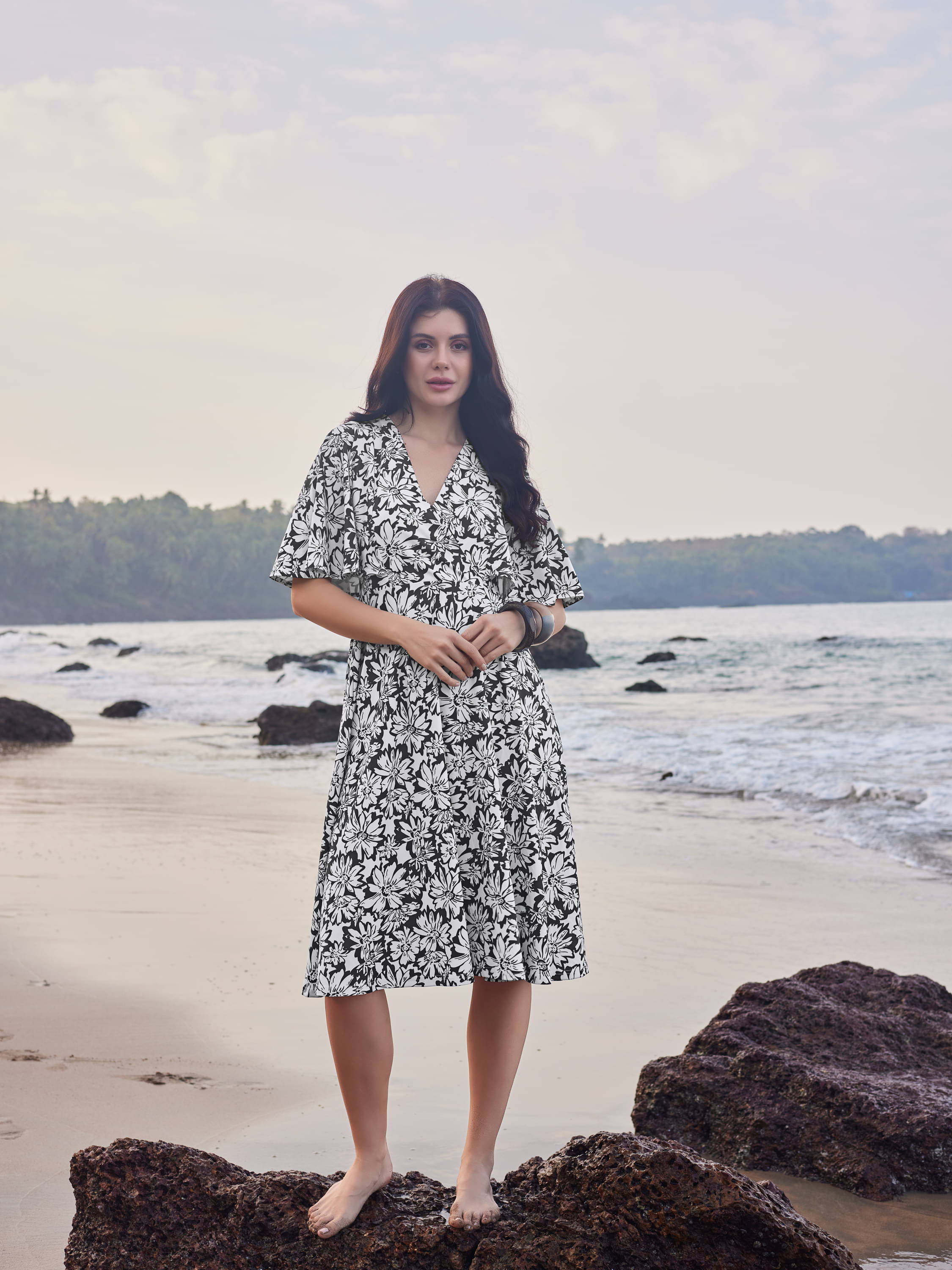     			PURVAJA Women Polyester Printed Fit & Flare Dress ( Black )