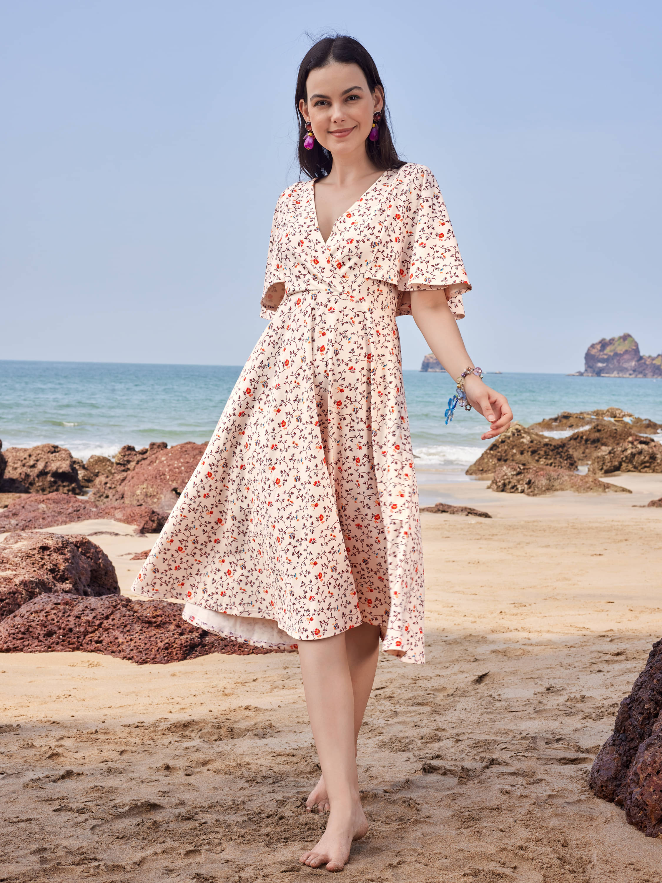 PURVAJA Women Polyester Printed Fit & Flare Dress ( Beige ) PURVAJA Women Polyester Printed Fit & Flare Dress ( Beige )