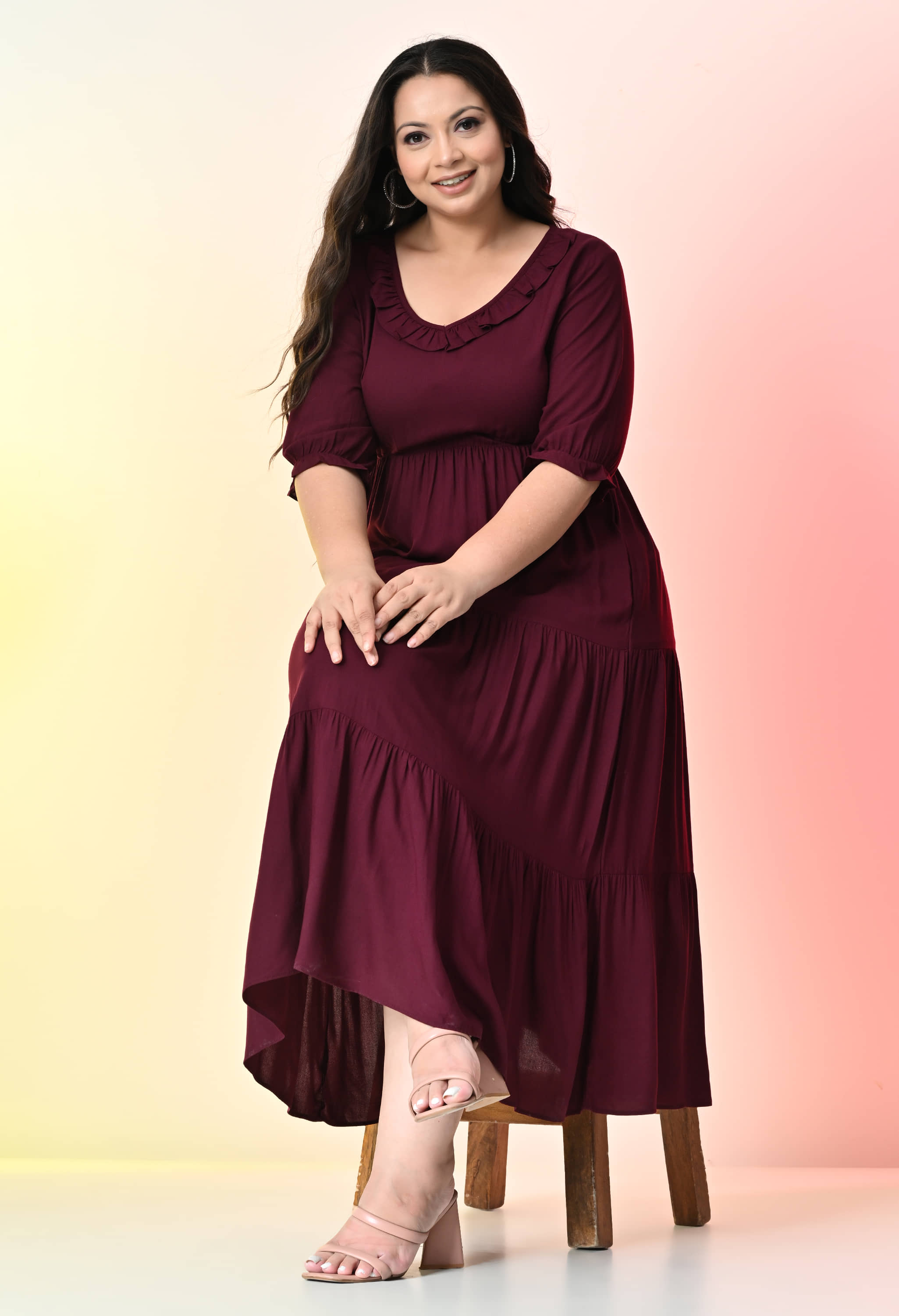 PrettyPlus by Desinoor.com Women Cotton Blend Solid Fit & Flare Dress ( Wine )