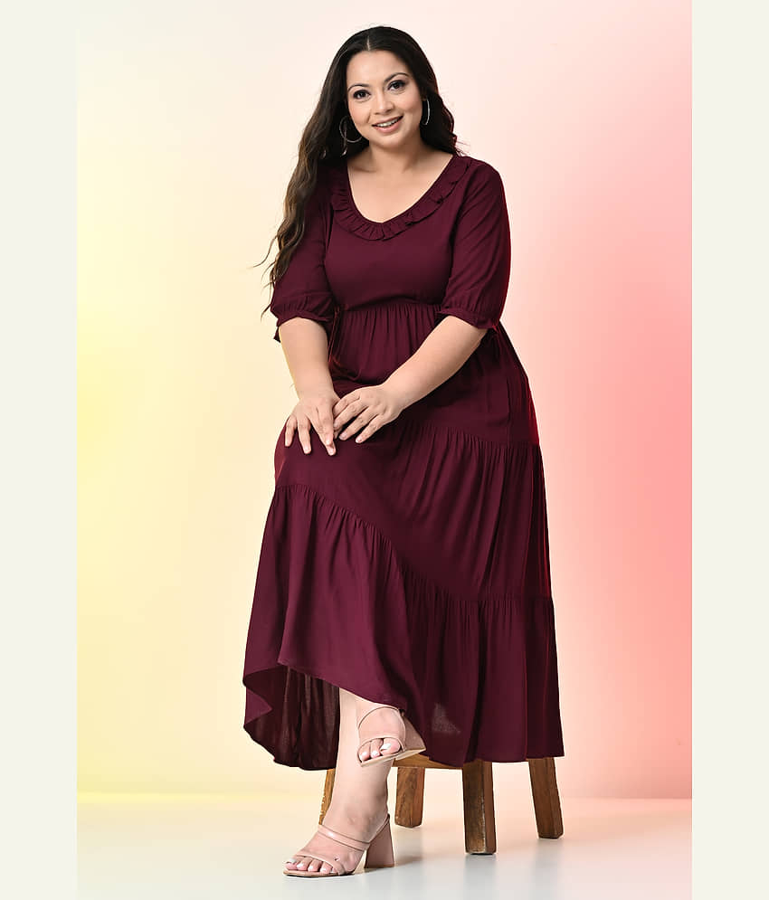 PrettyPlus by Desinoor.com Women Cotton Blend Solid Fit & Flare Dress ( Wine )