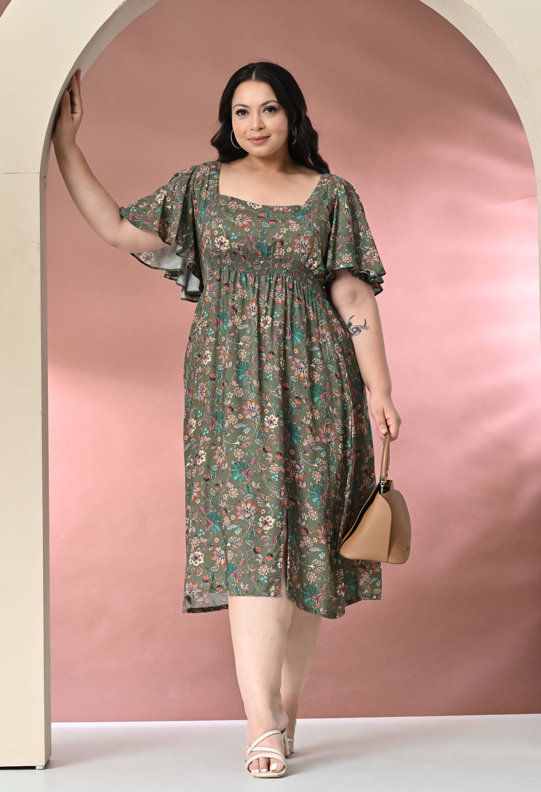 PrettyPlus by Desinoor.com Women Cotton Blend Printed Fit & Flare Dress ( Green )     			PrettyPlus by Desinoor.com Women Cotton Blend Printed Fit & Flare Dress ( Green )
