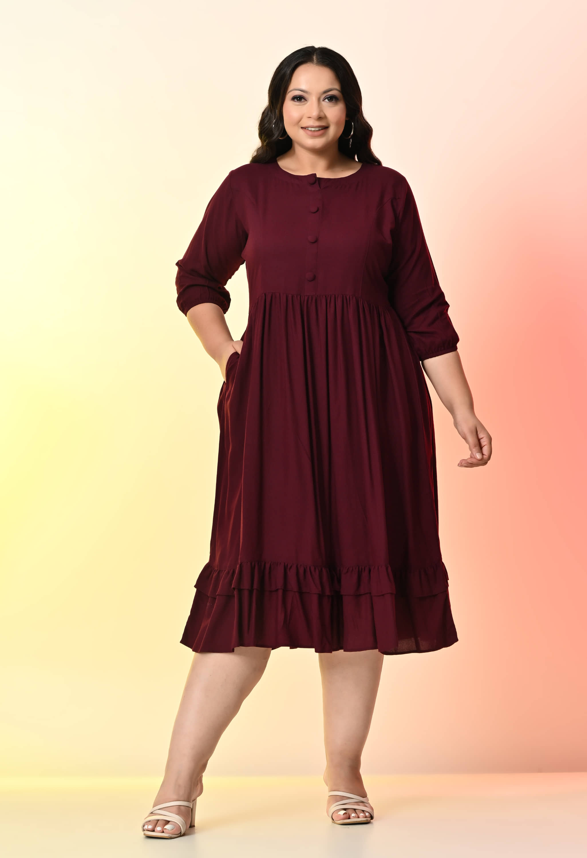 PrettyPlus by Desinoor.com Women Cotton Blend Solid Fit & Flare Dress ( Wine )