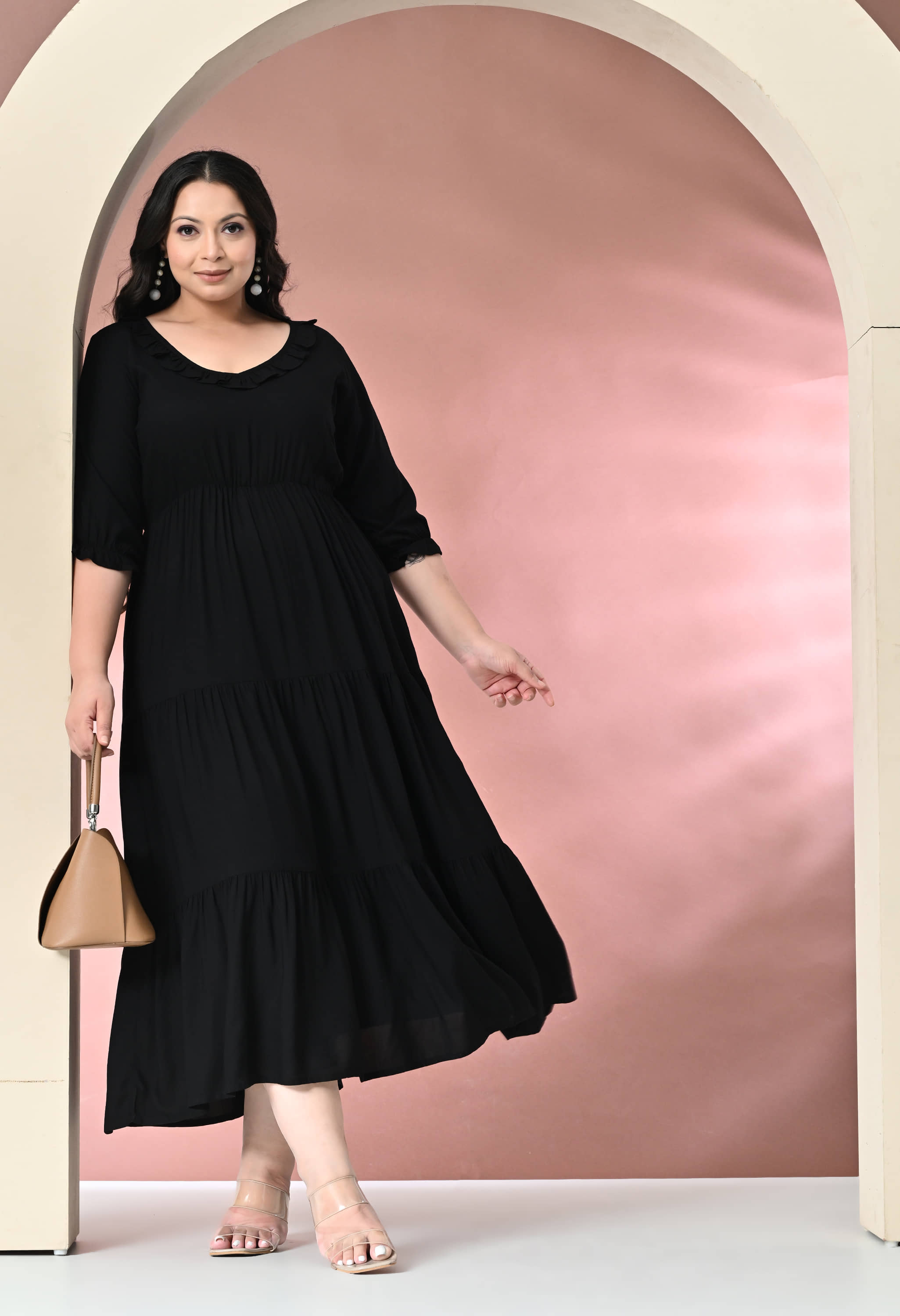 PrettyPlus by Desinoor.com Women Cotton Blend Solid Fit & Flare Dress ( Black )