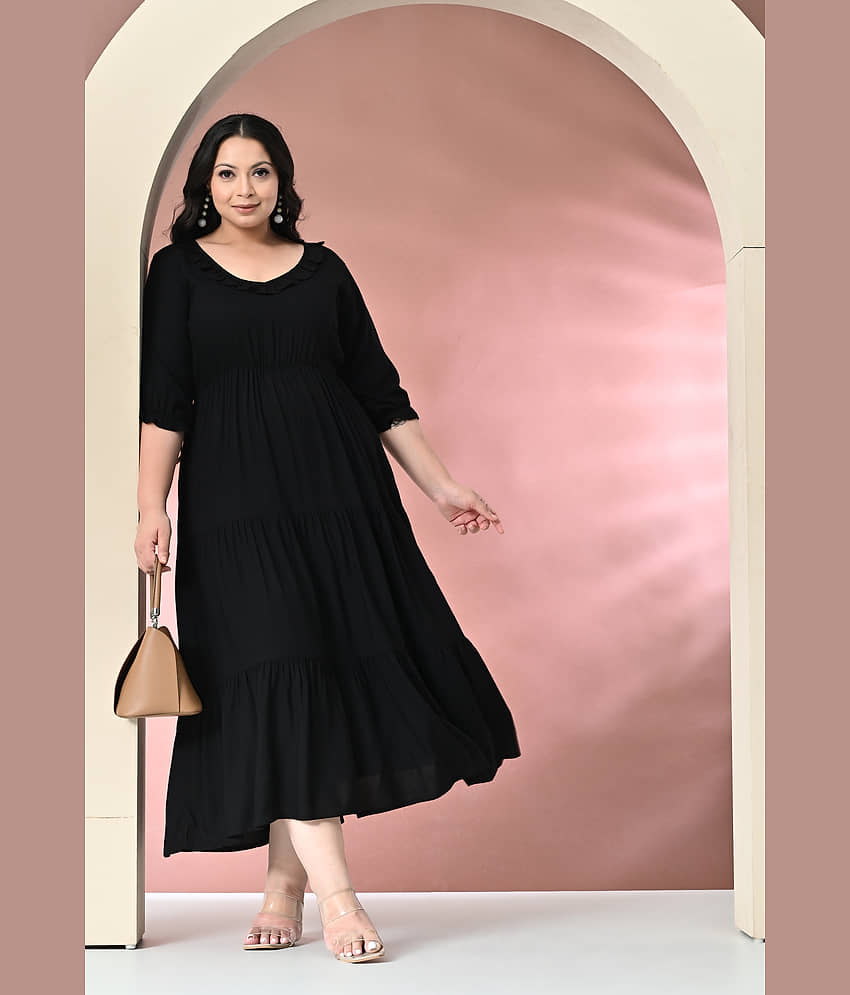 PrettyPlus by Desinoor.com Women Cotton Blend Solid Fit & Flare Dress ( Black )