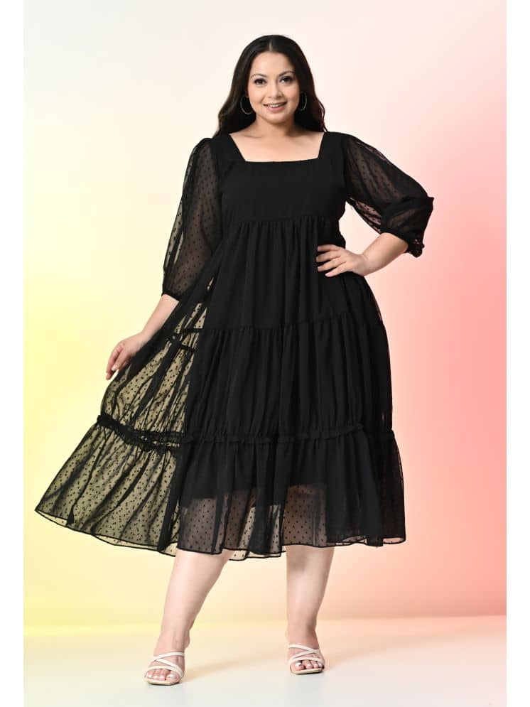 PrettyPlus by Desinoor.com Women Georgette Self Design Fit & Flare Dress ( Black )