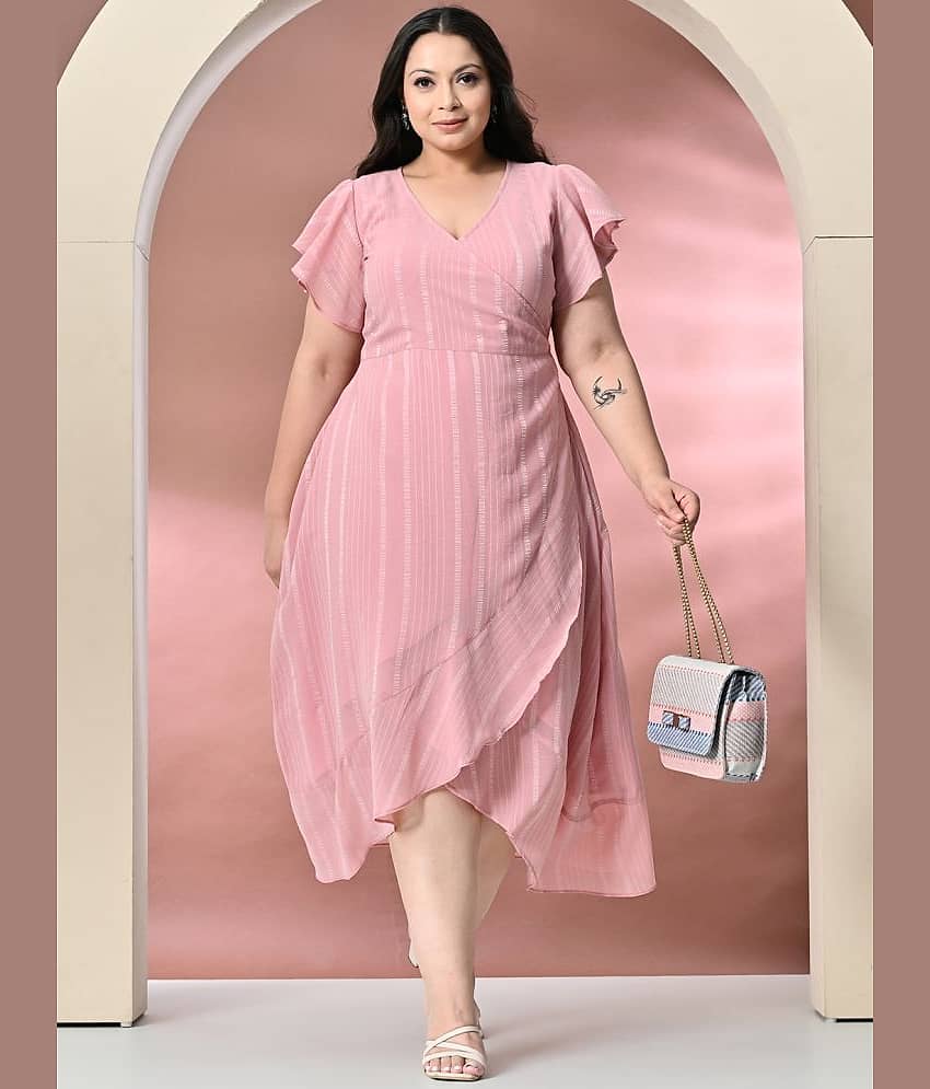 PrettyPlus by Desinoor.com Georgette Self Design Midi Women's Wrap Dress - Pink ( Pack of 1 )