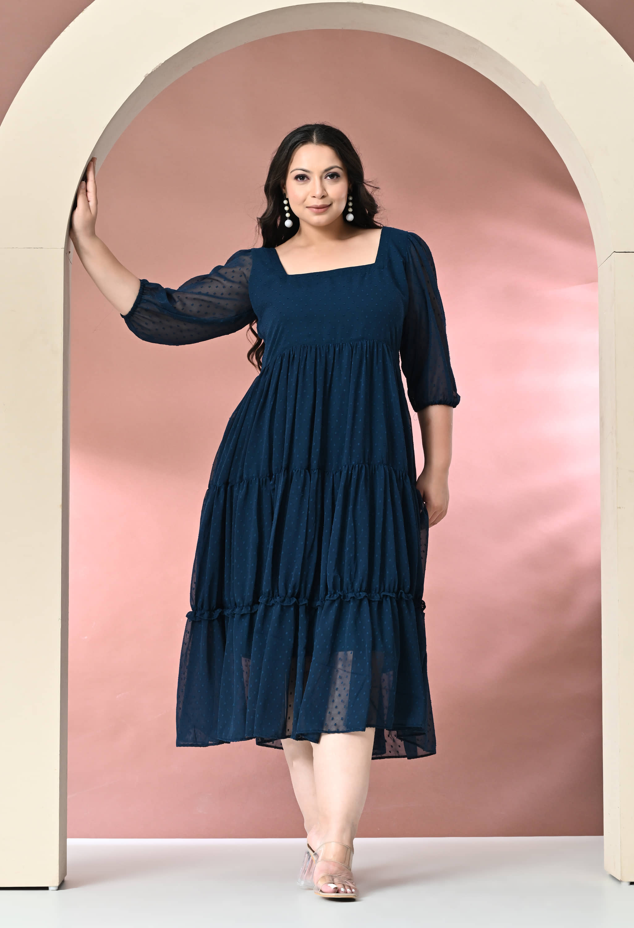 PrettyPlus by Desinoor.com Women Georgette Self Design Fit & Flare Dress ( Teal )