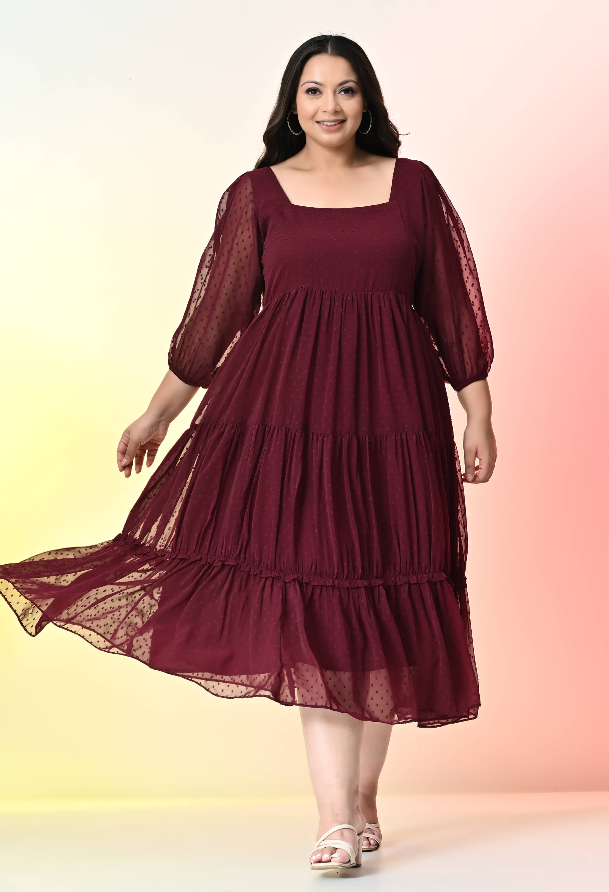 PrettyPlus by Desinoor.com Women Georgette Self Design Fit & Flare Dress ( Wine )