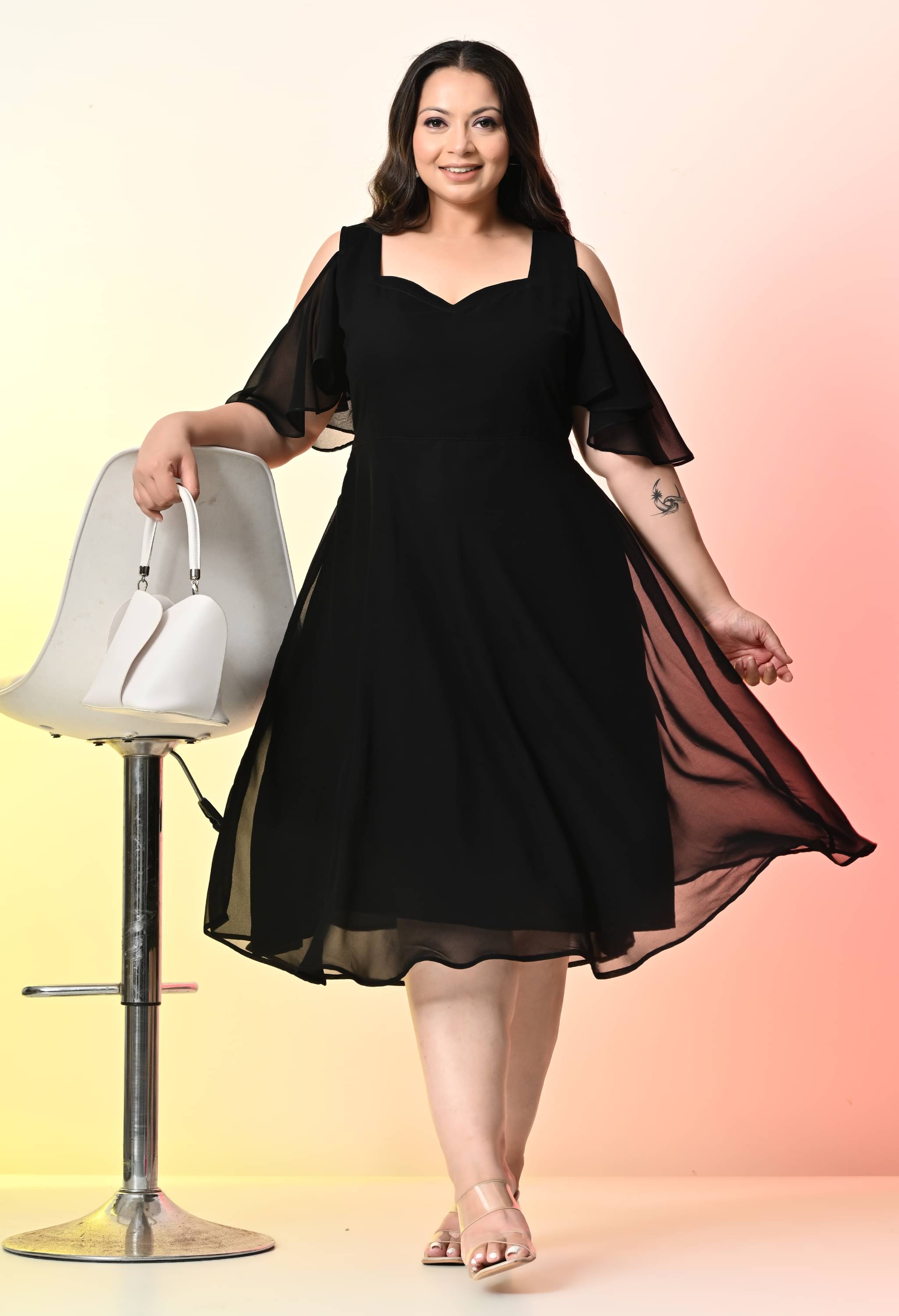 PrettyPlus by Desinoor.com Georgette Solid Midi Women's Fit & Flare Dress - Black ( Pack of 1 ) PrettyPlus by Desinoor.com Georgette Solid Midi Women's Fit & Flare Dress - Black ( Pack of 1 )