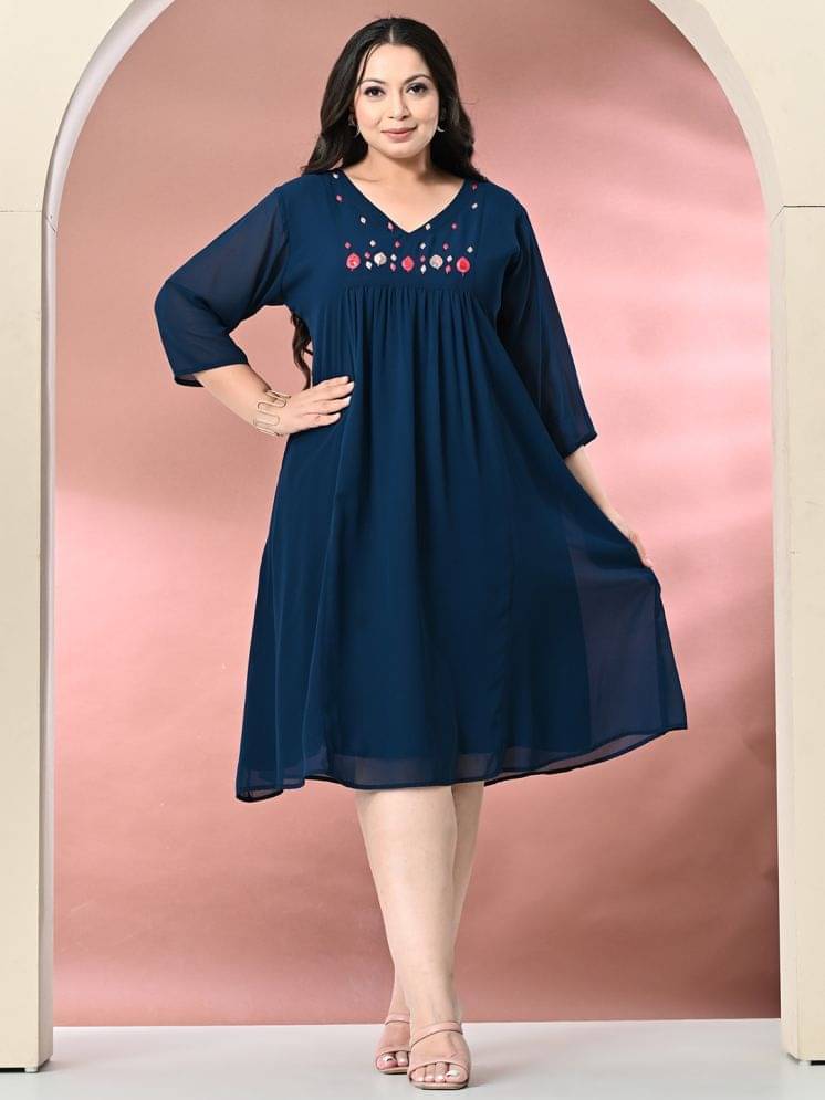 PrettyPlus by Desinoor.com Georgette Embroidered Knee Length Women's A-line Dress - Teal ( Pack of 1 ) PrettyPlus by Desinoor.com Georgette Embroidered Knee Length Women's A-line Dress - Teal ( Pack of 1 )