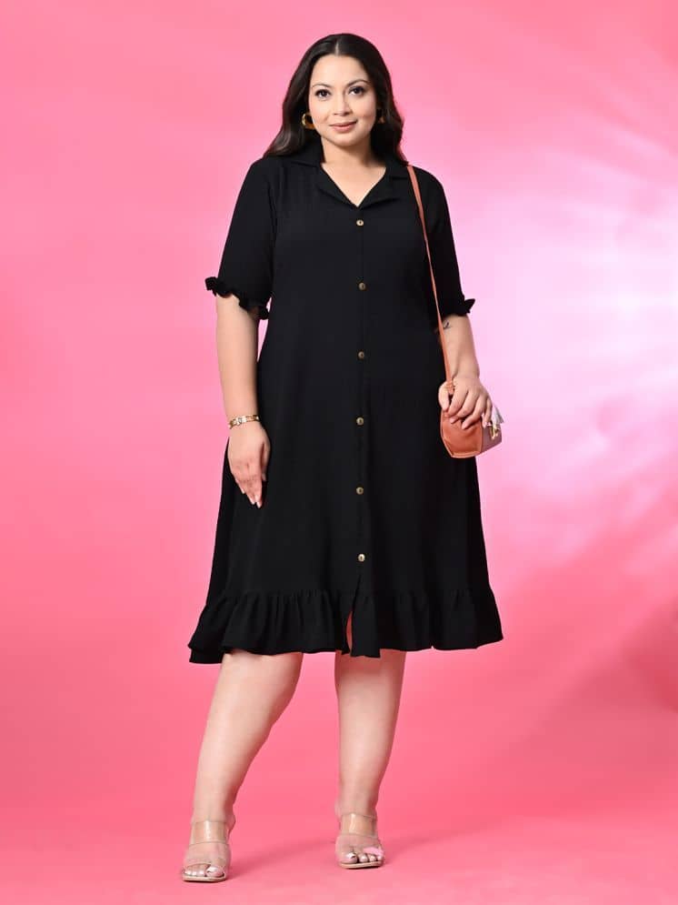PrettyPlus by Desinoor.com Women Polyester Self Design A-line Dress ( Black )