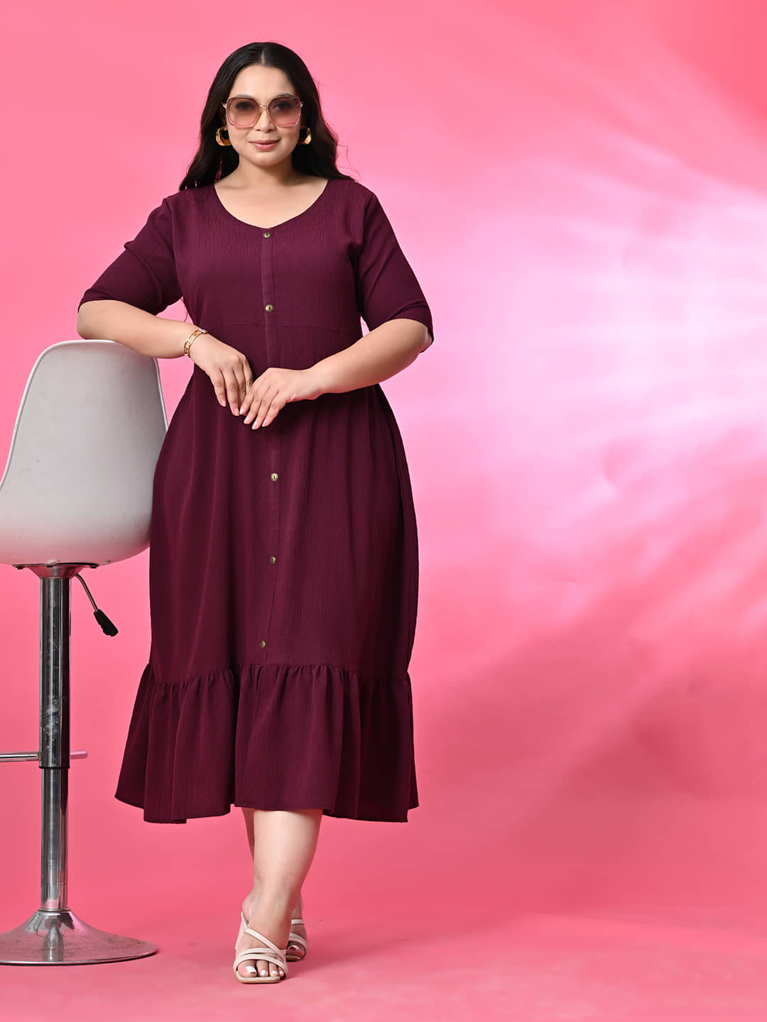 PrettyPlus by Desinoor.com Women Polyester Self Design A-line Dress ( Wine )