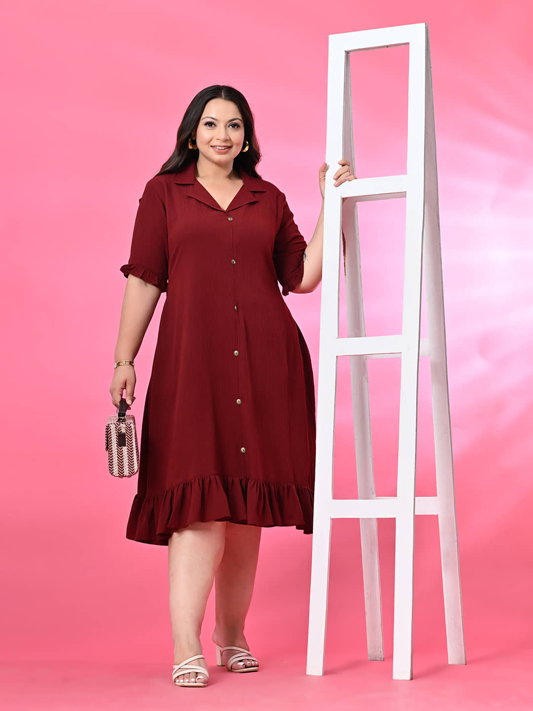 PrettyPlus by Desinoor.com Women Polyester Self Design A-line Dress ( Maroon )