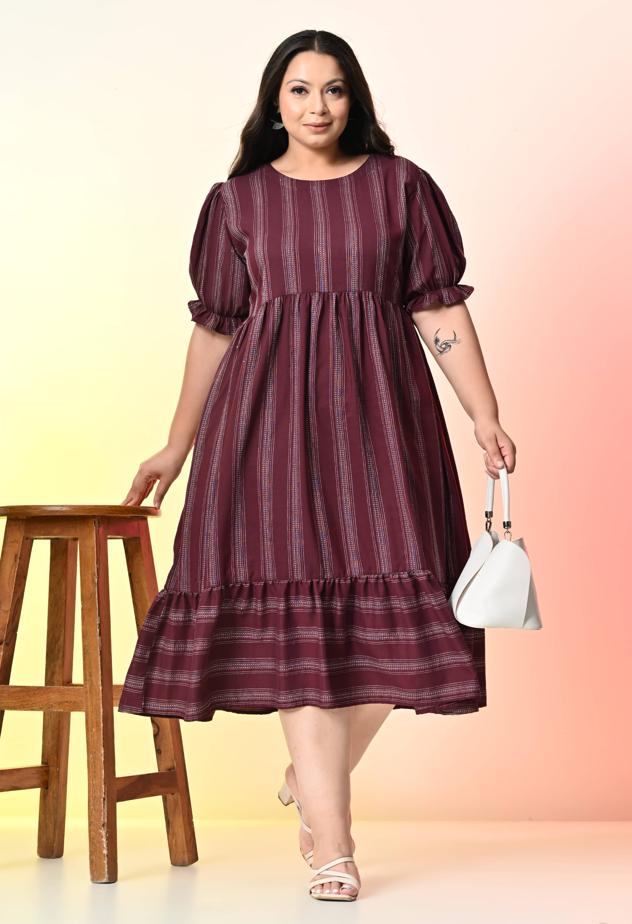PrettyPlus by Desinoor.com Rayon Striped Midi Women's Fit & Flare Dress - Wine ( Pack of 1 ) PrettyPlus by Desinoor.com Rayon Striped Midi Women's Fit & Flare Dress - Wine ( Pack of 1 )