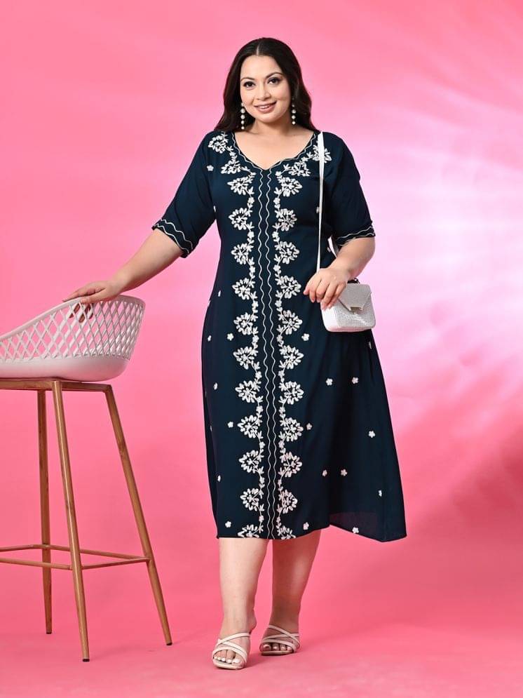 PrettyPlus by Desinoor.com Rayon Embroidered Midi Women's A-line Dress - Teal ( Pack of 1 ) PrettyPlus by Desinoor.com Rayon Embroidered Midi Women's A-line Dress - Teal ( Pack of 1 )