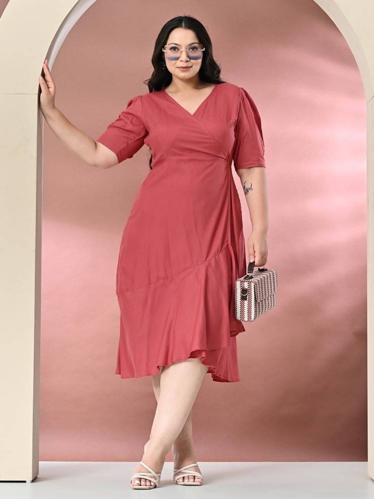 PrettyPlus by Desinoor.com Rayon Solid Midi Women's Wrap Dress - Pink ( Pack of 1 ) PrettyPlus by Desinoor.com Rayon Solid Midi Women's Wrap Dress - Pink ( Pack of 1 )