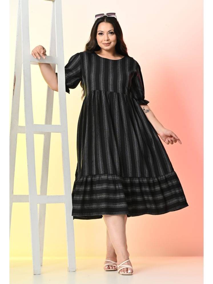     			PrettyPlus by Desinoor.com Rayon Striped Midi Women's Fit & Flare Dress - Black ( Pack of 1 )