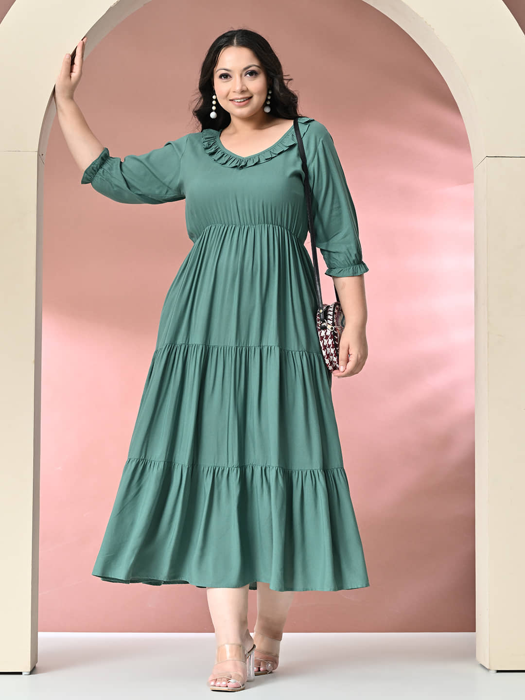PrettyPlus by Desinoor.com Women Rayon Solid Fit & Flare Dress ( Sea Green )