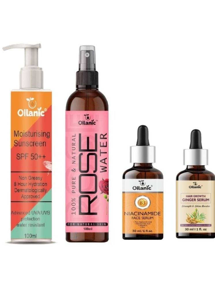 Sunscreen with SPF 50++ Lightweight 100ml, Rose water for Hyrated Skin 100ml, Niacinamide Face Serum 30ml & Hair Growth Ginger Serum 30ml - Combo of 4 Items Sunscreen with SPF 50++ Lightweight 100ml, Rose water for Hyrated Skin 100ml, Niacinamide Face Serum 30ml & Hair Growth Ginger Serum 30ml - Combo of 4 Items
