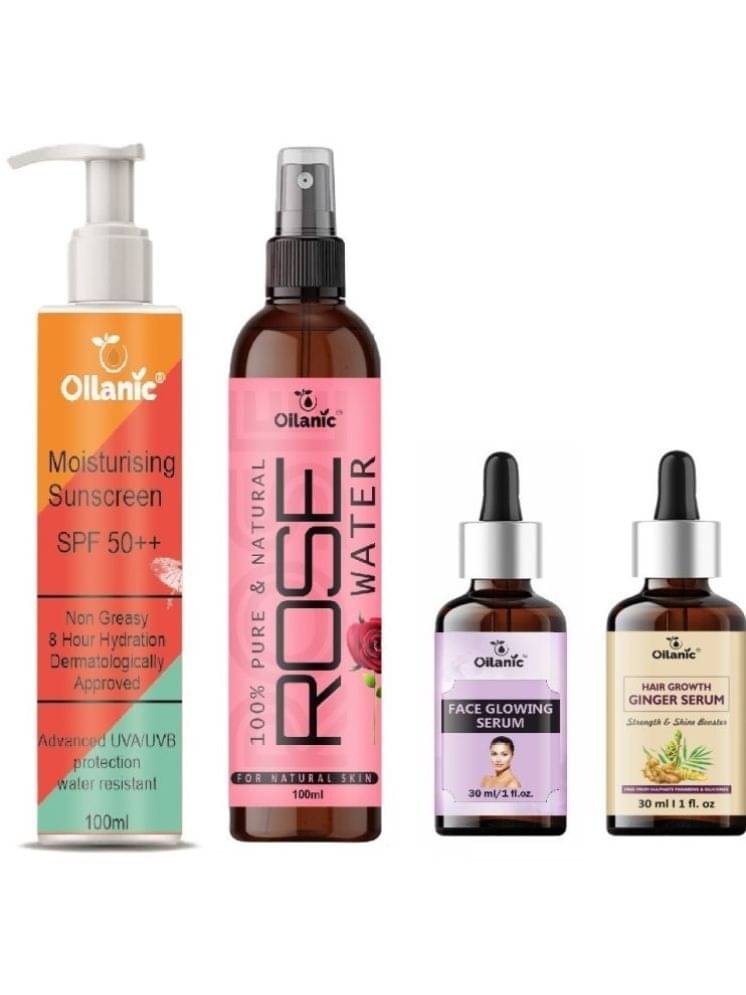 Sunscreen with SPF 50++ Lightweight 100ml, Rose water for Hyrated Skin 100ml, Face Glowing Serum 30ml & Hair Growth Ginger Srum 30ml - Combo of 4 Items Sunscreen with SPF 50++ Lightweight 100ml, Rose water for Hyrated Skin 100ml, Face Glowing Serum 30ml & Hair Growth Ginger Srum 30ml - Combo of 4 Items
