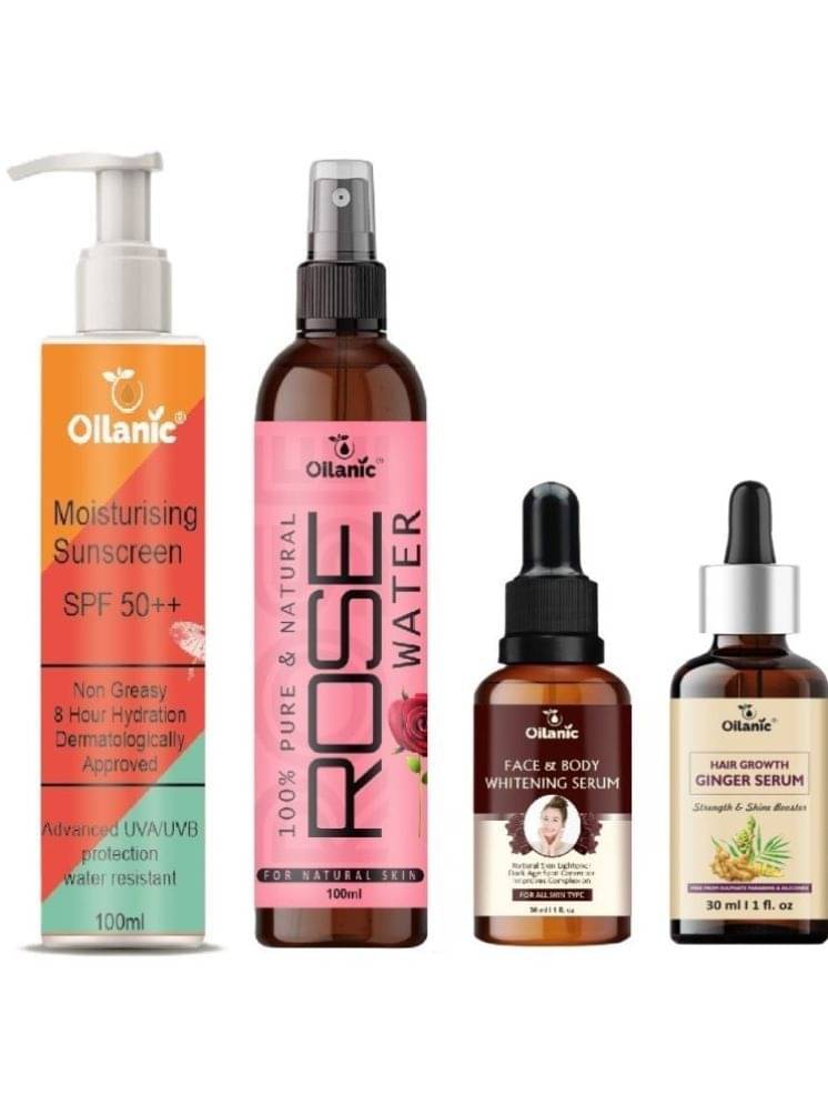 Sunscreen with SPF 50++ Lightweight 100ml, Rose water for Hyrated Skin 100ml, Face and Body whitening Serum 30ml & Hair Growth Ginger Serum 30ml - Combo of 4 Items Sunscreen with SPF 50++ Lightweight 100ml, Rose water for Hyrated Skin 100ml, Face and Body whitening Serum 30ml & Hair Growth Ginger Serum 30ml - Combo of 4 Items