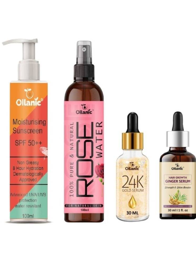Sunscreen with SPF 50++ Lightweight 100ml, Rose water for Hyrated Skin 100ml, 24K Gold Facial Serum 30ml & Hair Growth Ginger Serum 30ml - Combo of 4 Items Sunscreen with SPF 50++ Lightweight 100ml, Rose water for Hyrated Skin 100ml, 24K Gold Facial Serum 30ml & Hair Growth Ginger Serum 30ml - Combo of 4 Items