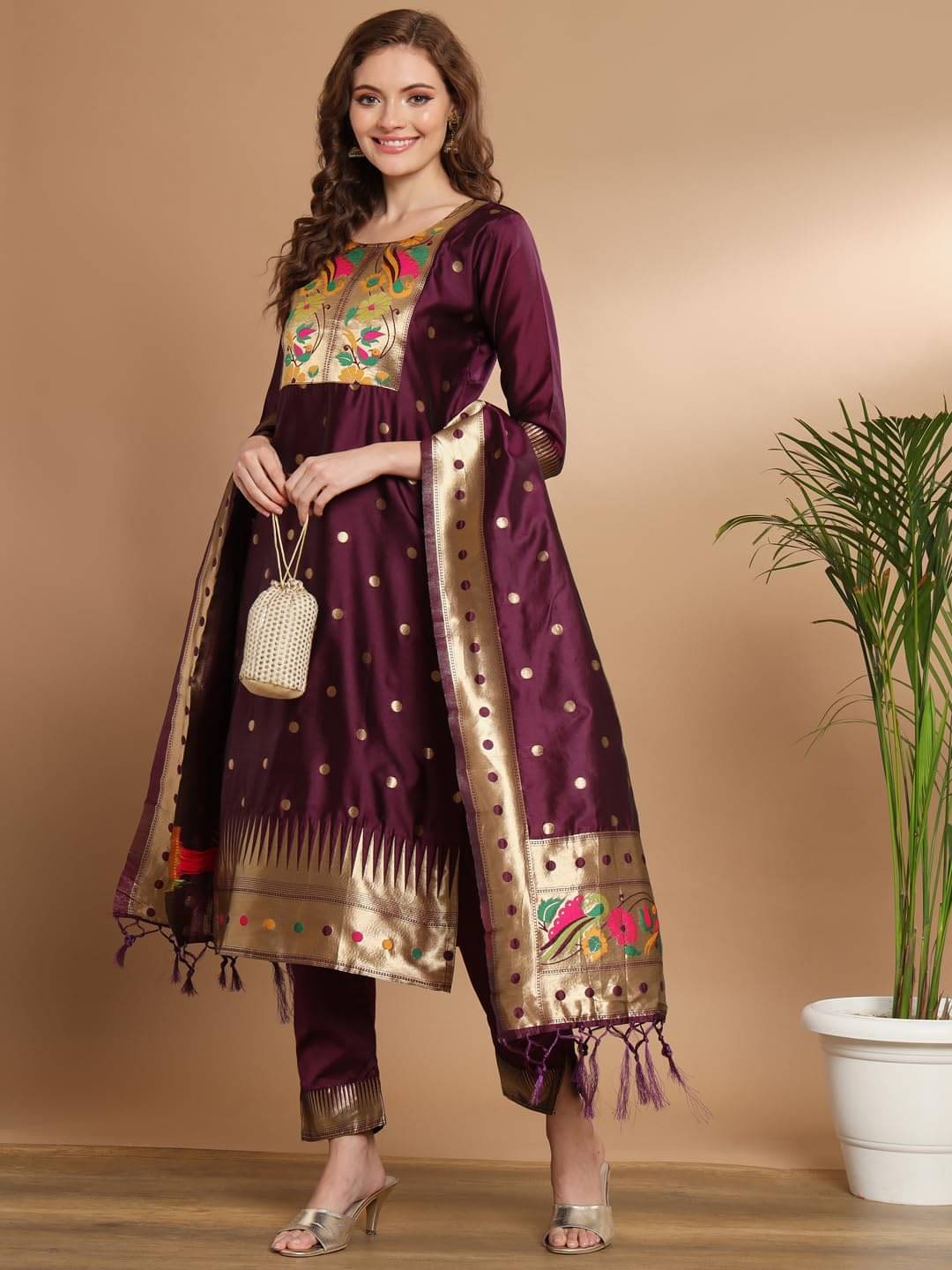     			VredeVogel Cotton Silk Printed Kurti With Pants Women's Stitched Salwar Suit - Purple ( Pack of 1 )