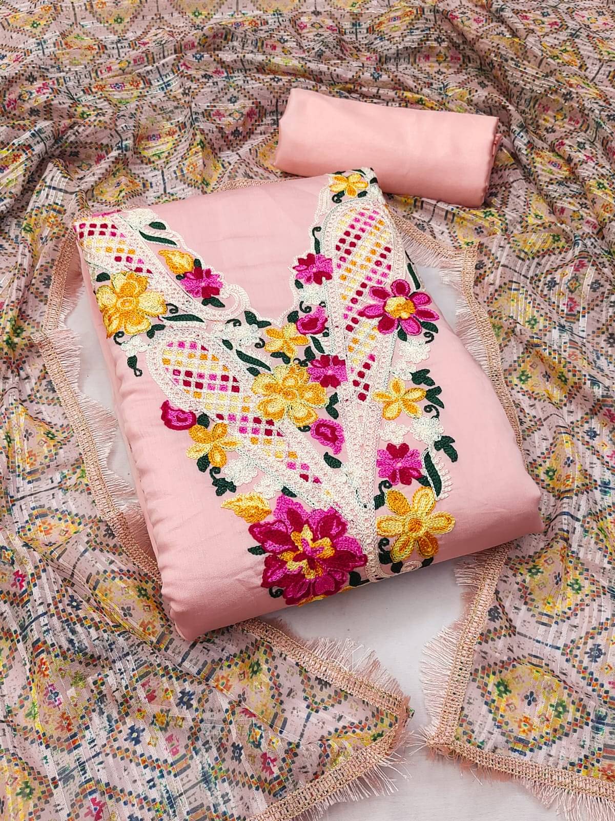ALSHOP Unstitched Silk Embroidered Dress Material - Peach ( Pack of 1 ) ALSHOP Unstitched Silk Embroidered Dress Material - Peach ( Pack of 1 )