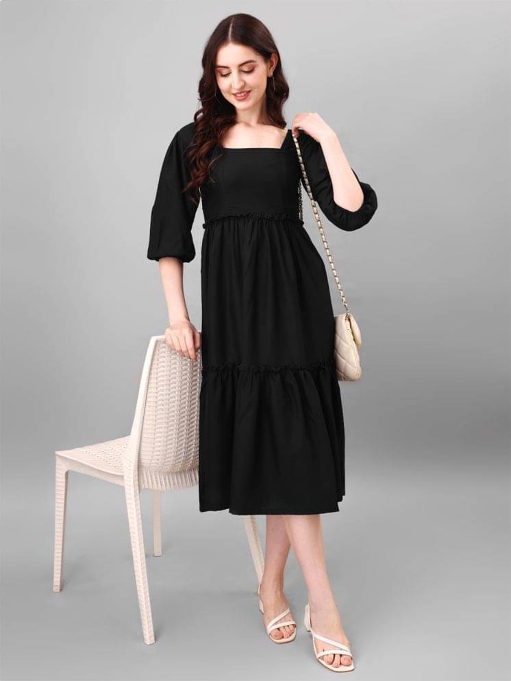JASH CREATION Polyester Solid Midi Women's Fit & Flare Dress - Black ( Pack of 1 ) JASH CREATION Polyester Solid Midi Women's Fit & Flare Dress - Black ( Pack of 1 )