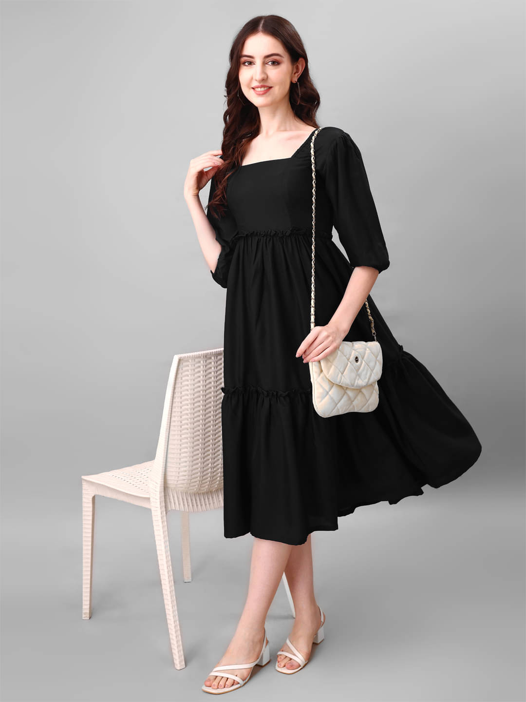JASH CREATION Polyester Solid Midi Women's Fit & Flare Dress - Black ( Pack of 1 ) JASH CREATION Polyester Solid Midi Women's Fit & Flare Dress - Black ( Pack of 1 )