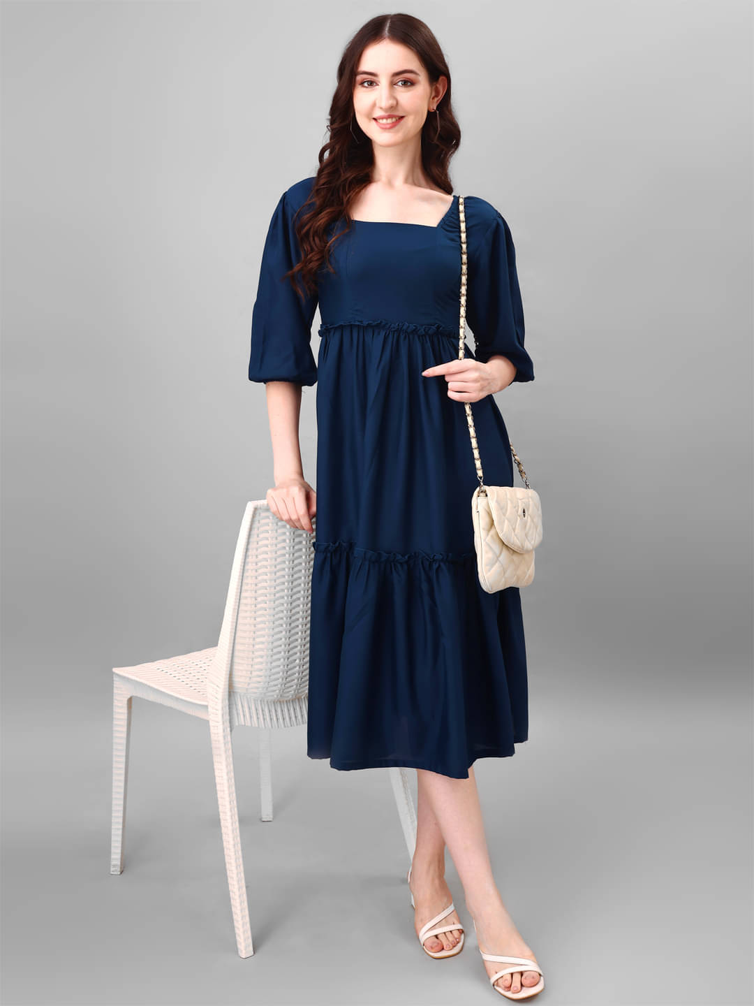 JASH CREATION Polyester Solid Midi Women's Fit & Flare Dress - Blue ( Pack of 1 ) JASH CREATION Polyester Solid Midi Women's Fit & Flare Dress - Blue ( Pack of 1 )