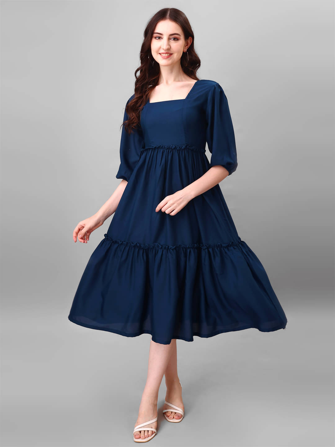 JASH CREATION Polyester Solid Midi Women's Fit & Flare Dress - Blue ( Pack of 1 ) JASH CREATION Polyester Solid Midi Women's Fit & Flare Dress - Blue ( Pack of 1 )