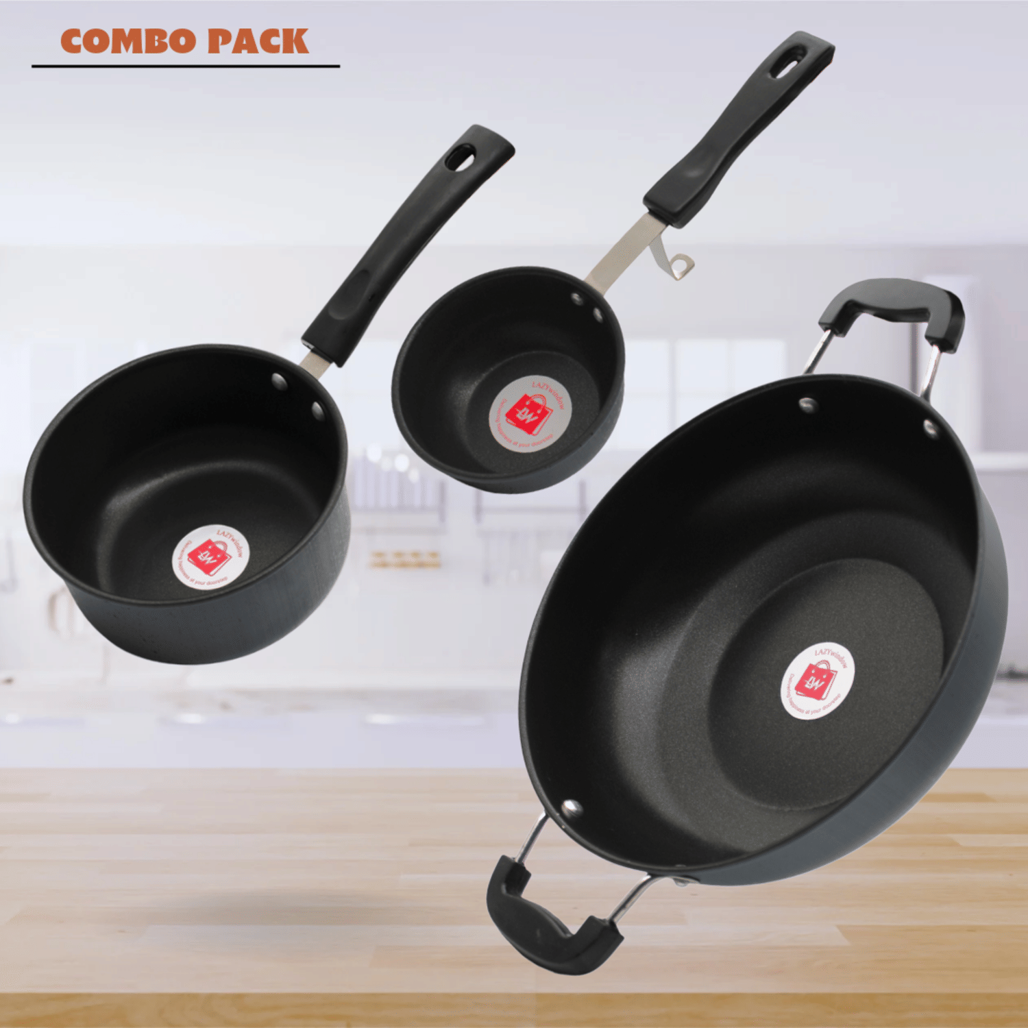     			LAZYWINDOW Grey Hard Anodised Non-Stick Cookware Sets ( Set of 3 )