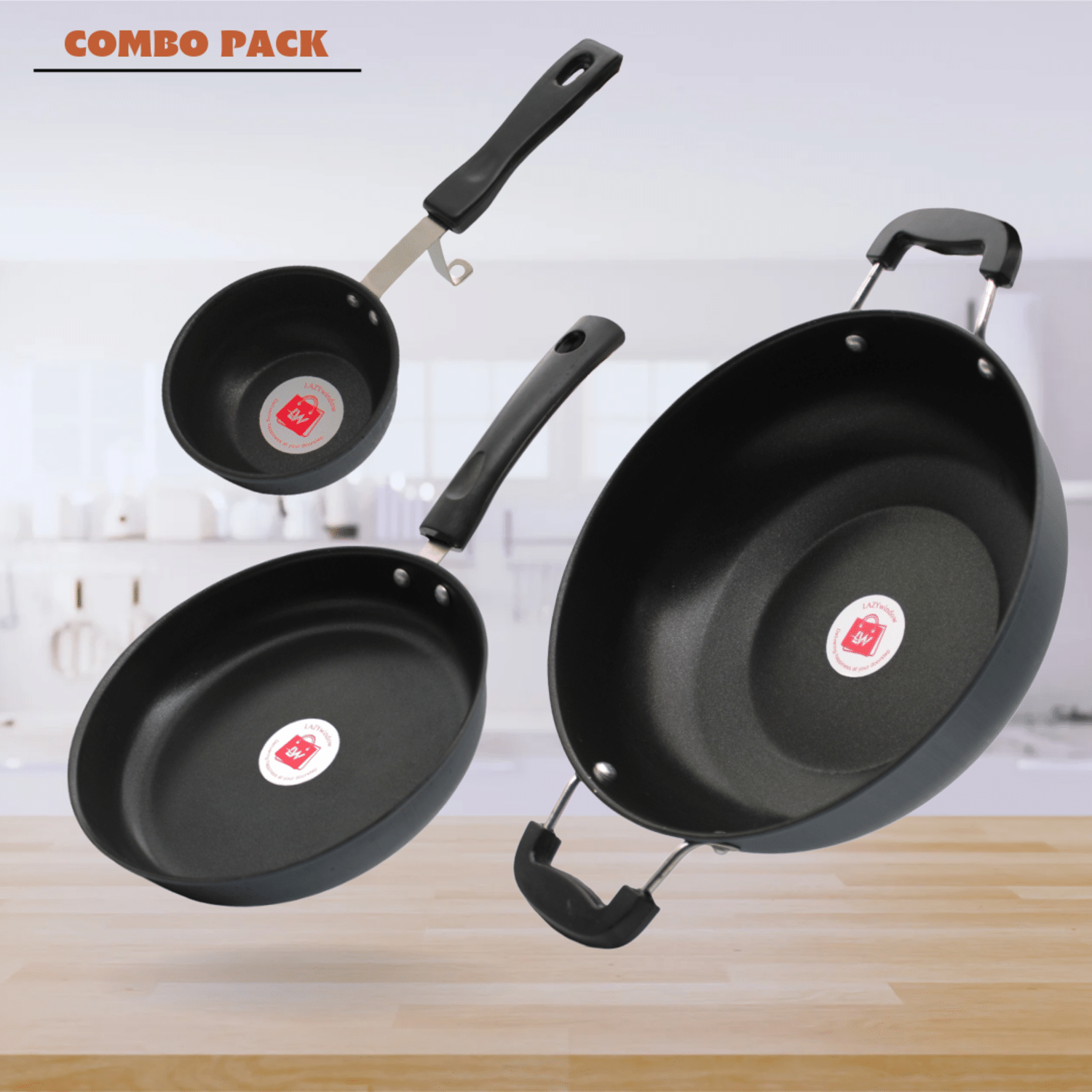     			LAZYWINDOW Grey Hard Anodised Non-Stick Cookware Sets ( Set of 3 )