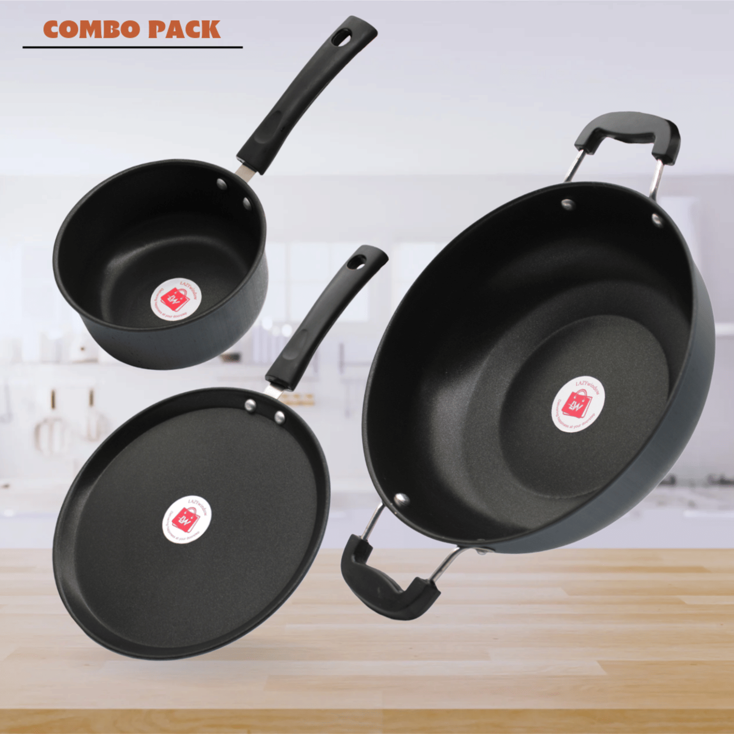     			LAZYWINDOW Grey Hard Anodised Non-Stick Cookware Sets ( Set of 3 )