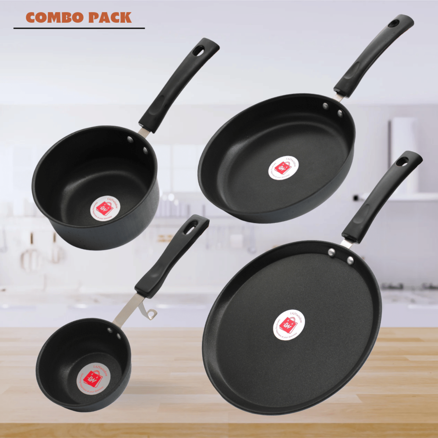     			LAZYWINDOW Grey Hard Anodised Non-Stick Cookware Sets ( Set of 4 )