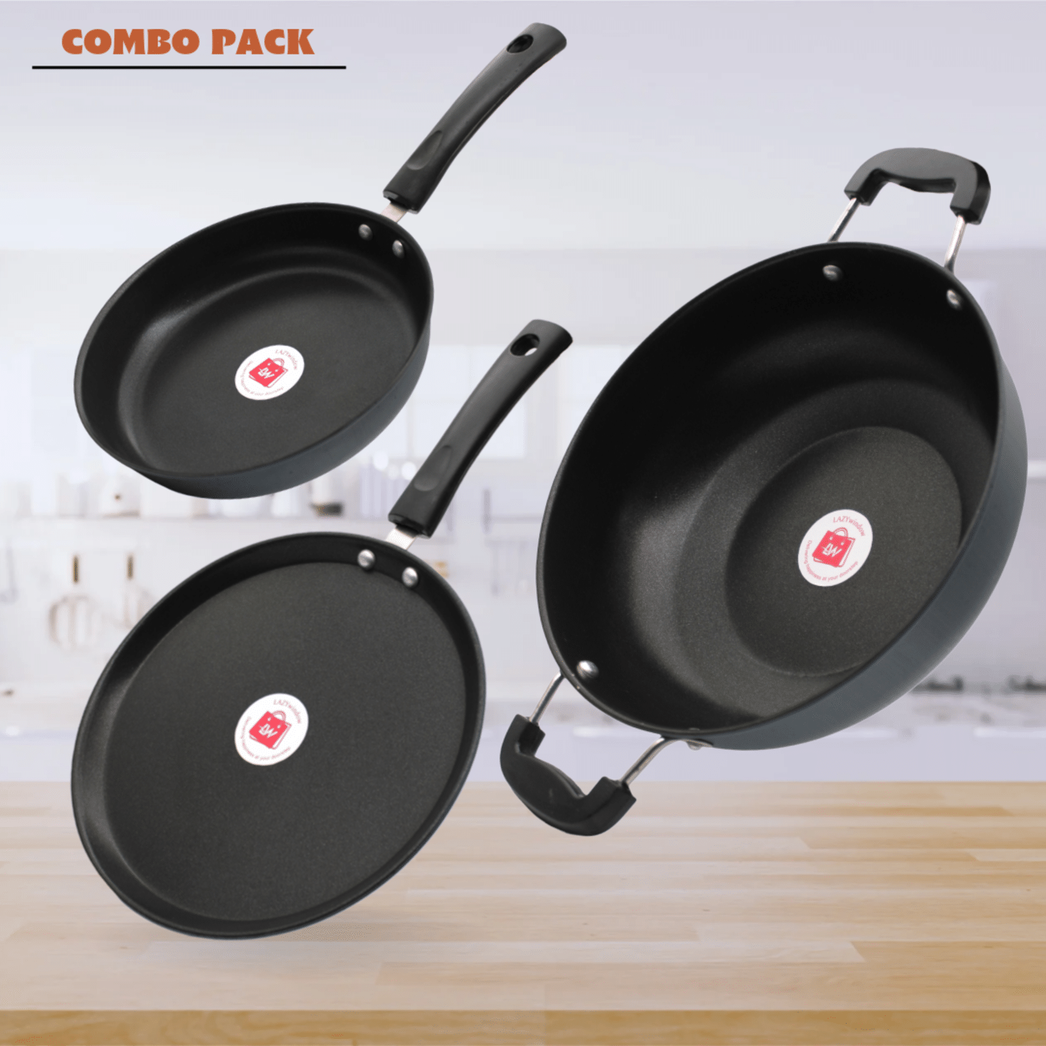     			LAZYWINDOW Grey Hard Anodised Non-Stick Cookware Sets ( Set of 3 )