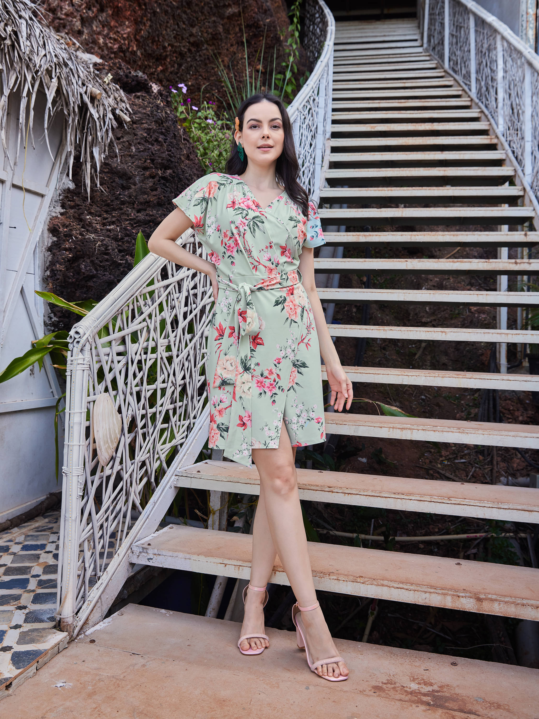     			PURVAJA Women Polyester Printed Wrap Dress ( Mint Green )