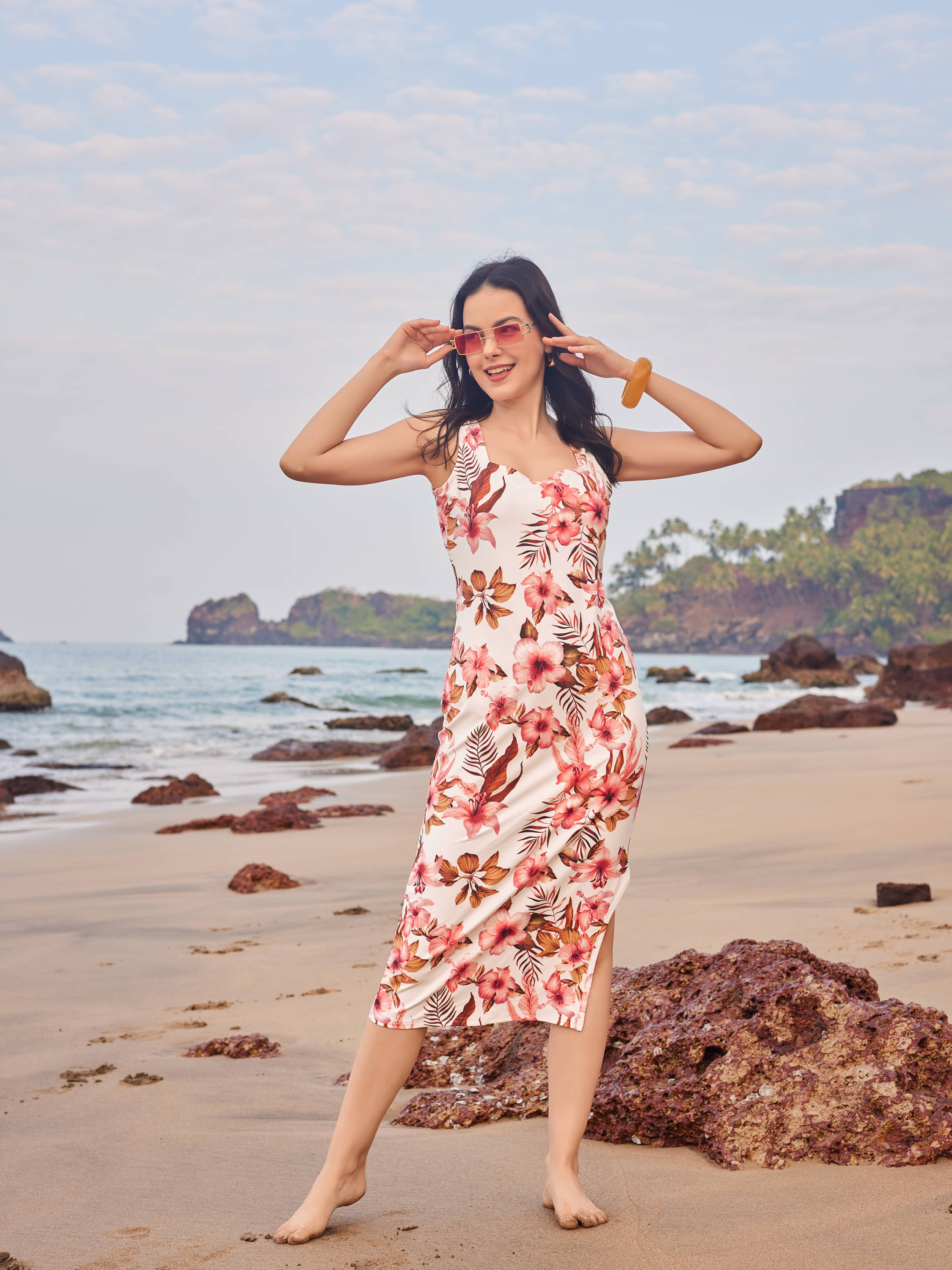 PURVAJA Women Polyester Printed Side Slit Dress ( White ) PURVAJA Women Polyester Printed Side Slit Dress ( White )