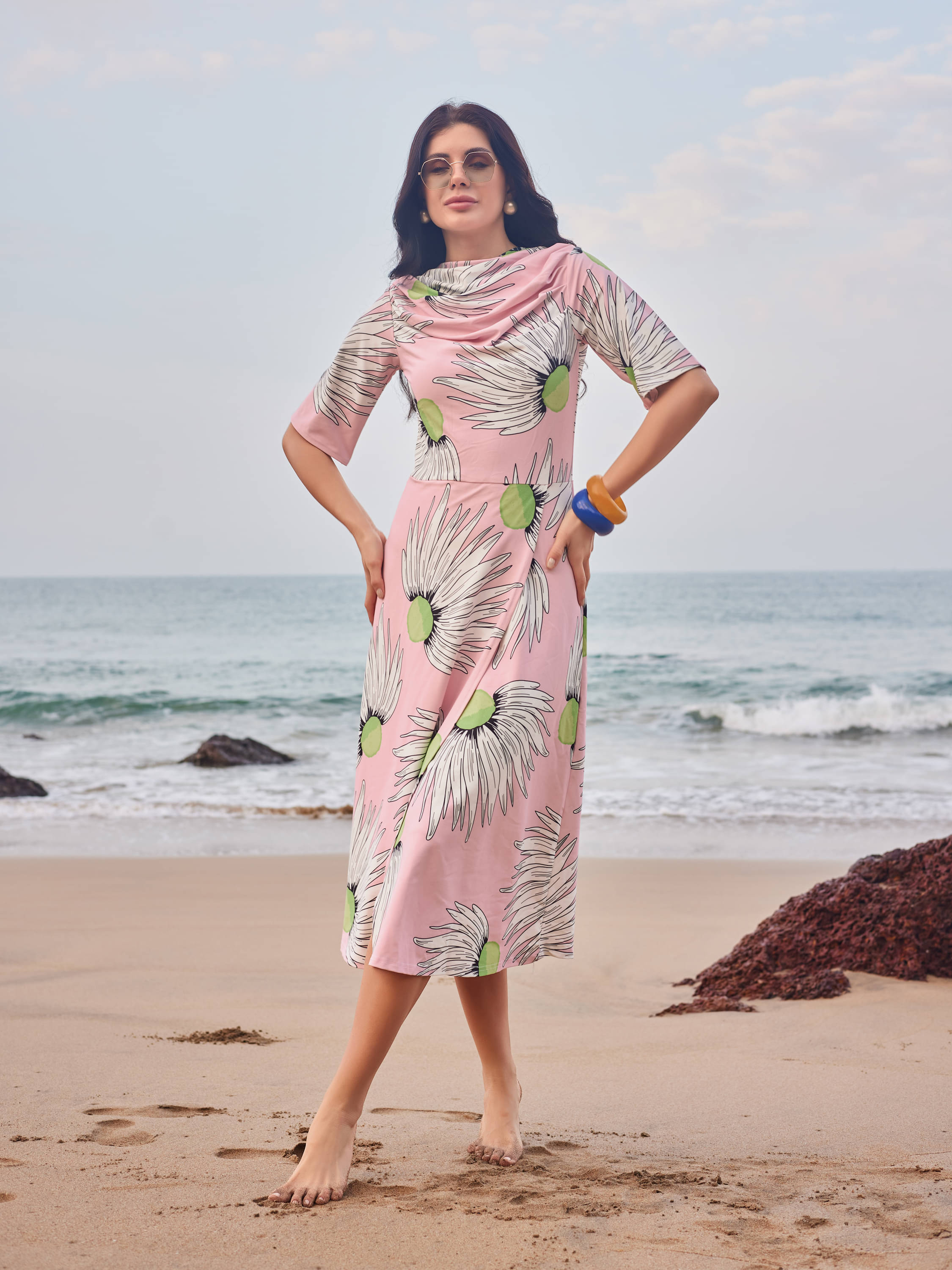 PURVAJA Women Polyester Printed Side Slit Dress ( Pink ) PURVAJA Women Polyester Printed Side Slit Dress ( Pink )