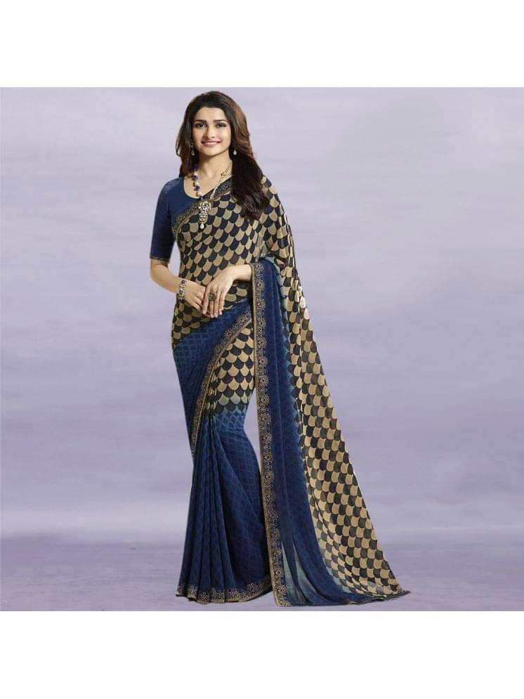     			BLEESBURY Chiffon Printed Saree With Unstitched Blouse Piece ( Navy Blue )