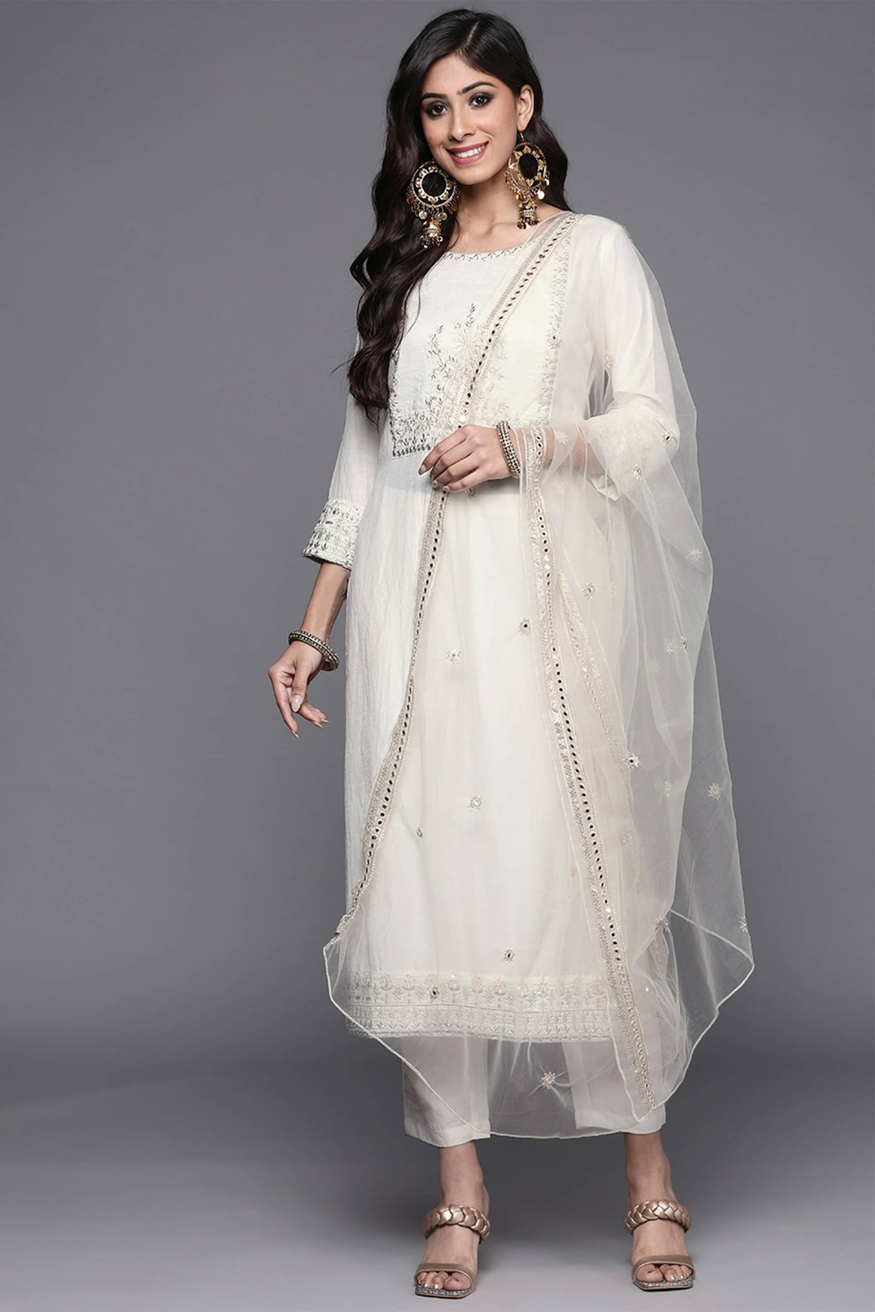 VARNI VESH Cotton Silk Embroidered Kurti With Pants Women's Stitched Salwar Suit - Off White ( Pack of 1 ) VARNI VESH Cotton Silk Embroidered Kurti With Pants Women's Stitched Salwar Suit - Off White ( Pack of 1 )