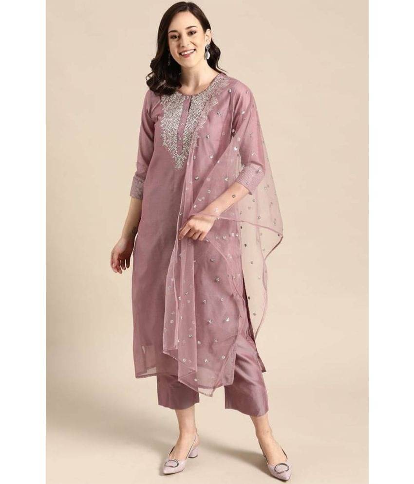     			VARNI VESH Rayon Embroidered Kurti With Pants Women's Stitched Salwar Suit - Mauve ( Pack of 1 )
