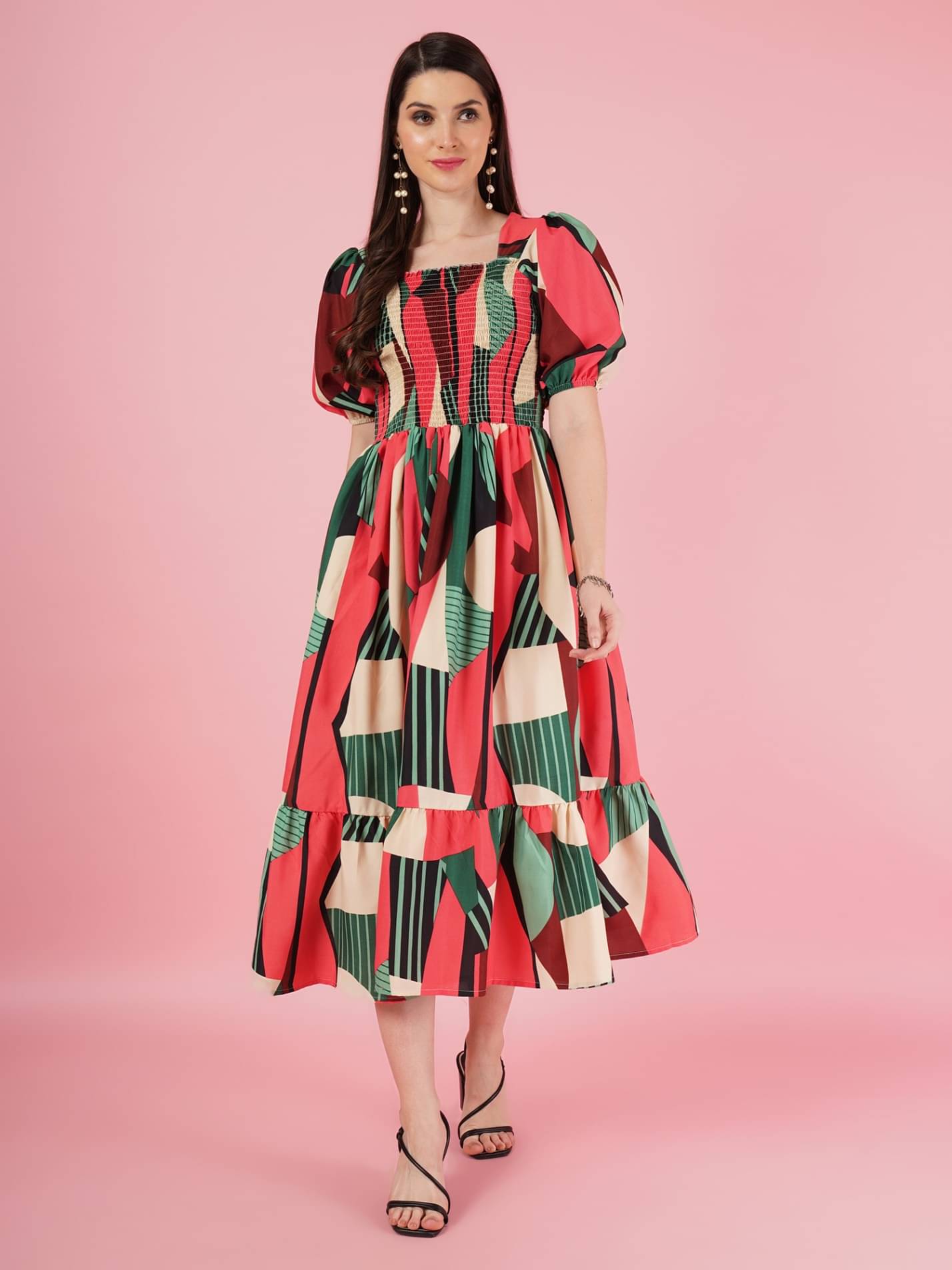 JASH CREATION Polyester Printed Midi Women's Fit & Flare Dress - Green ( Pack of 1 ) JASH CREATION Polyester Printed Midi Women's Fit & Flare Dress - Green ( Pack of 1 )