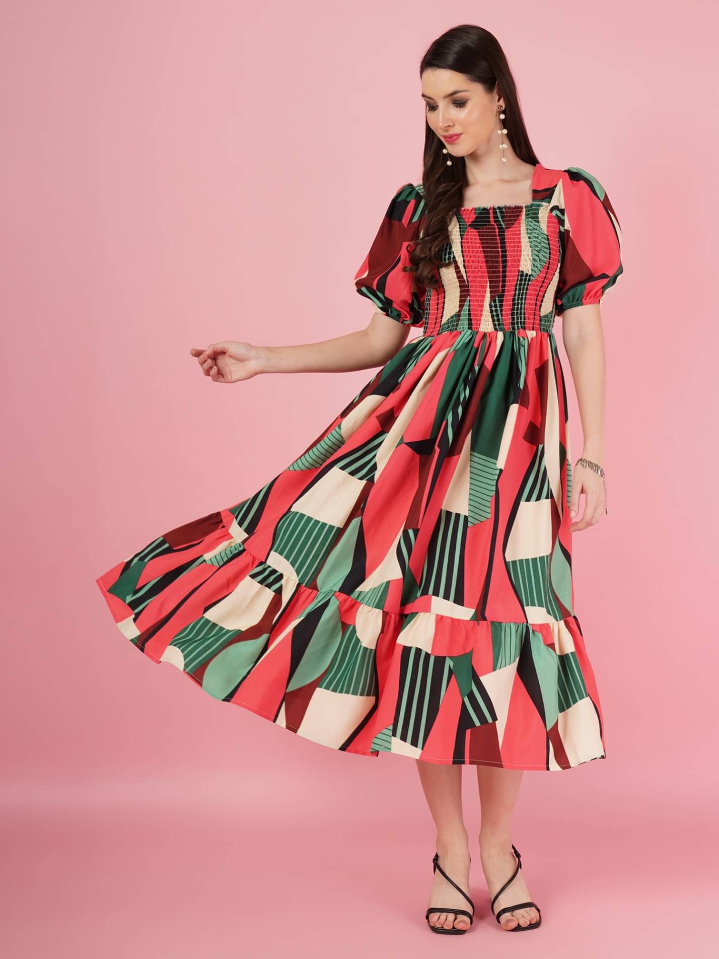 JASH CREATION Polyester Printed Midi Women's Fit & Flare Dress - Green ( Pack of 1 ) JASH CREATION Polyester Printed Midi Women's Fit & Flare Dress - Green ( Pack of 1 )