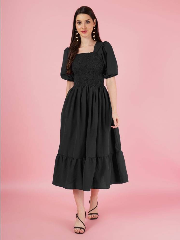 JASH CREATION Polyester Solid Midi Women's Fit & Flare Dress - Black ( Pack of 1 ) JASH CREATION Polyester Solid Midi Women's Fit & Flare Dress - Black ( Pack of 1 )