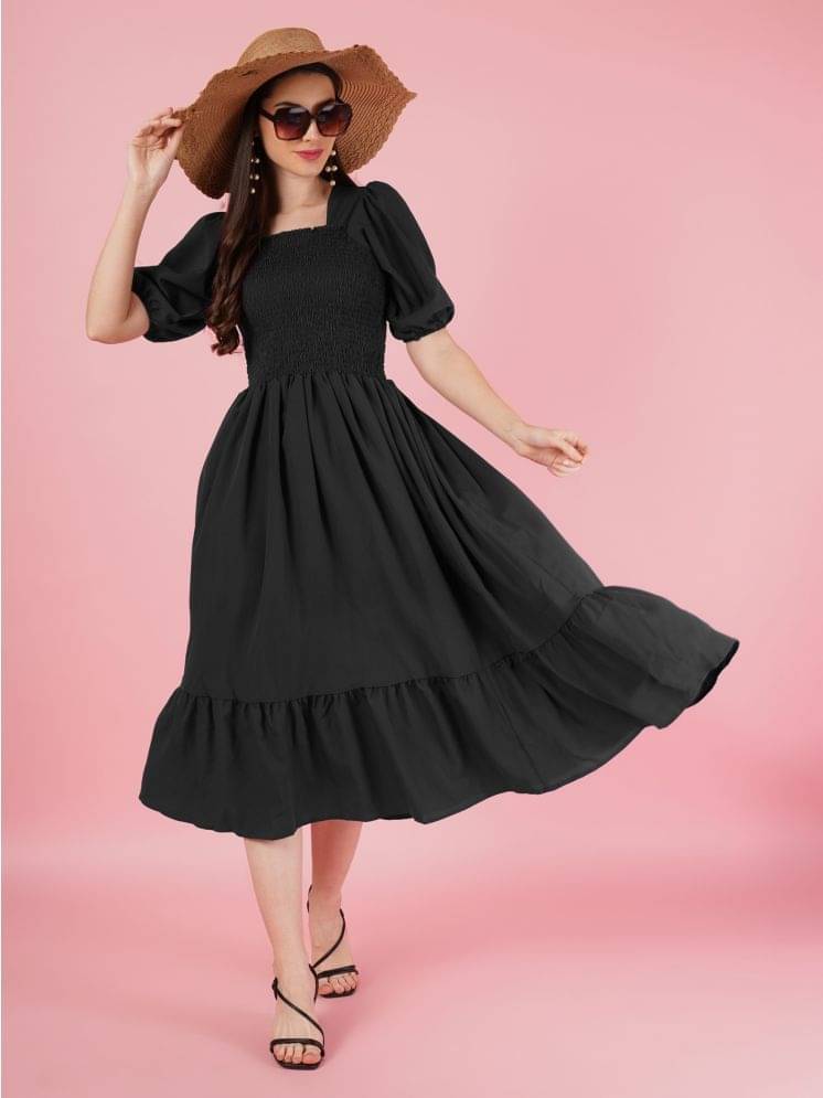 JASH CREATION Women Polyester Solid Fit & Flare Dress ( Black ) JASH CREATION Women Polyester Solid Fit & Flare Dress ( Black )