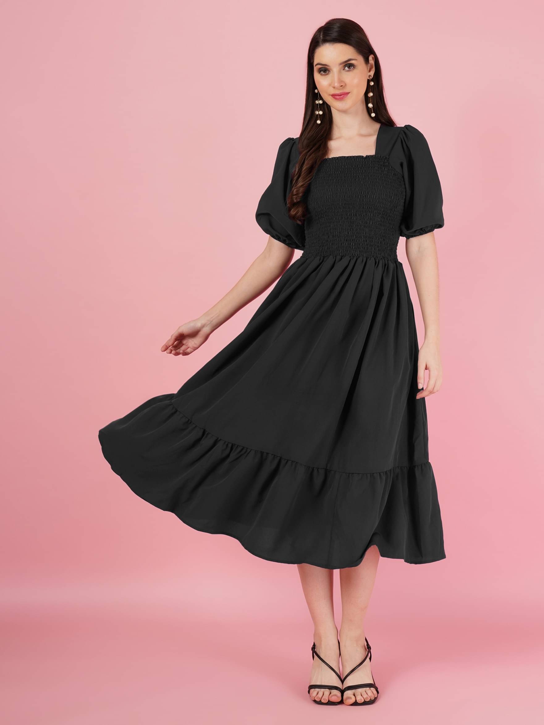 JASH CREATION Polyester Solid Midi Women's Fit & Flare Dress - Black ( Pack of 1 ) JASH CREATION Polyester Solid Midi Women's Fit & Flare Dress - Black ( Pack of 1 )