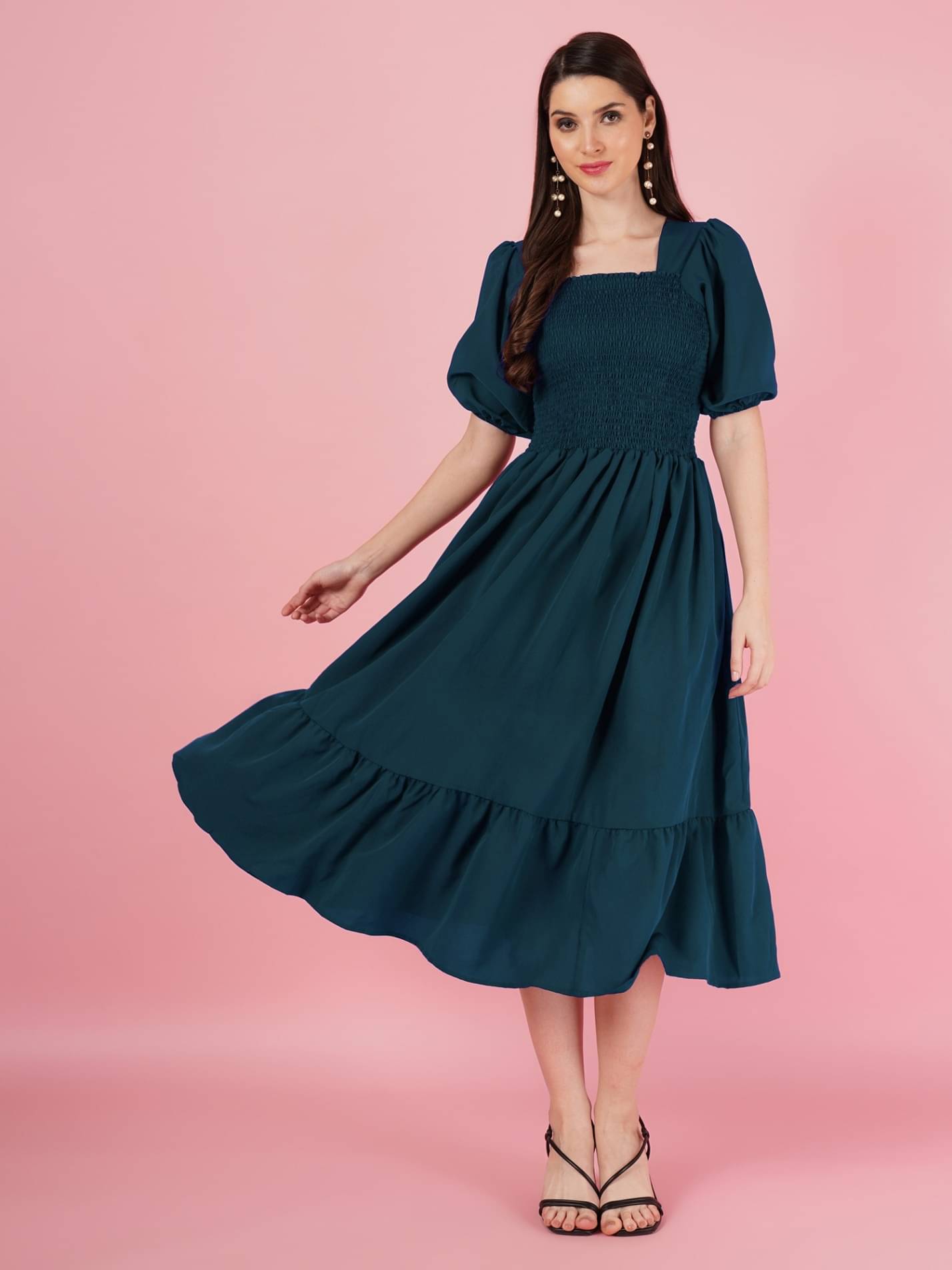 JASH CREATION Polyester Solid Midi Women's Fit & Flare Dress - Blue ( Pack of 1 ) JASH CREATION Polyester Solid Midi Women's Fit & Flare Dress - Blue ( Pack of 1 )