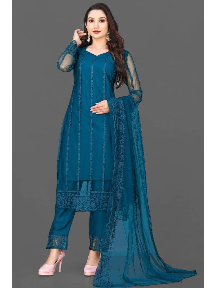 LEKHIT Net Striped Kurti With Pants Women's Stitched Salwar Suit - Teal ( Pack of 1 ) LEKHIT Net Striped Kurti With Pants Women's Stitched Salwar Suit - Teal ( Pack of 1 )